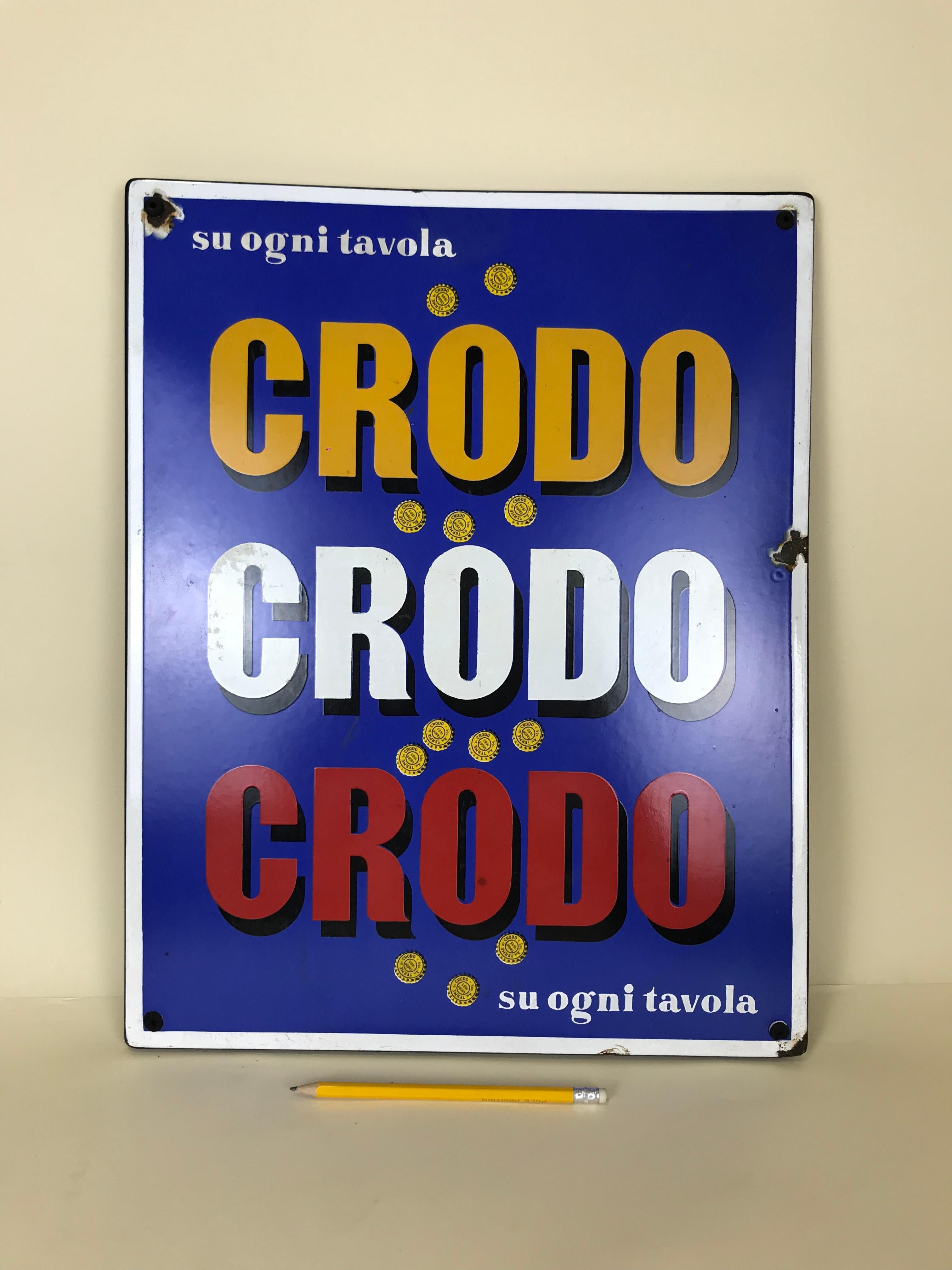 Mid-20th Century 1960s Italian Vintage Rectangular Metal Enamel Crodo Advertising Sign For Sale