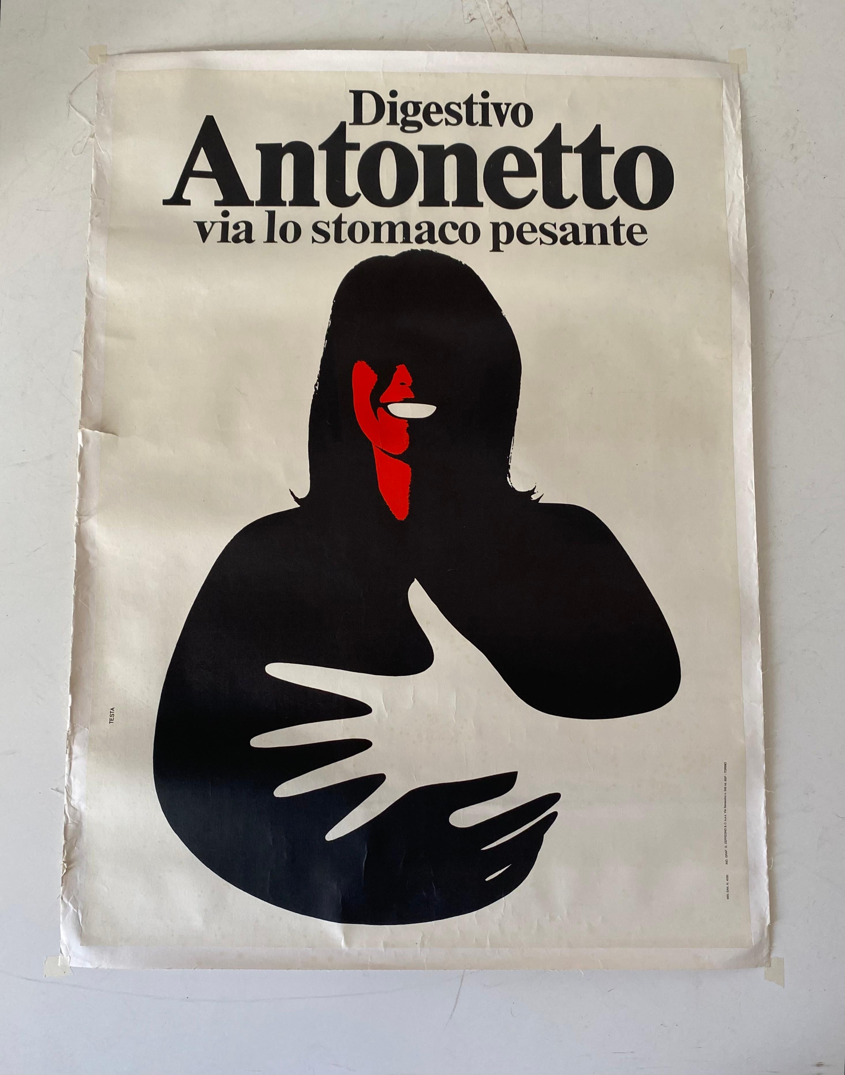 A vintage original wall poster from the 1970s. Advertising wall poster of the Antonetto digestive liquor. Manufactured in Italy. In very good conditions with only few signs of time. Designed by Armando Testa. Authentication by Bolaffi casa d'asta