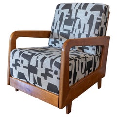 1960's Italian Walnut Armchair Jacquard Grafic Fabric