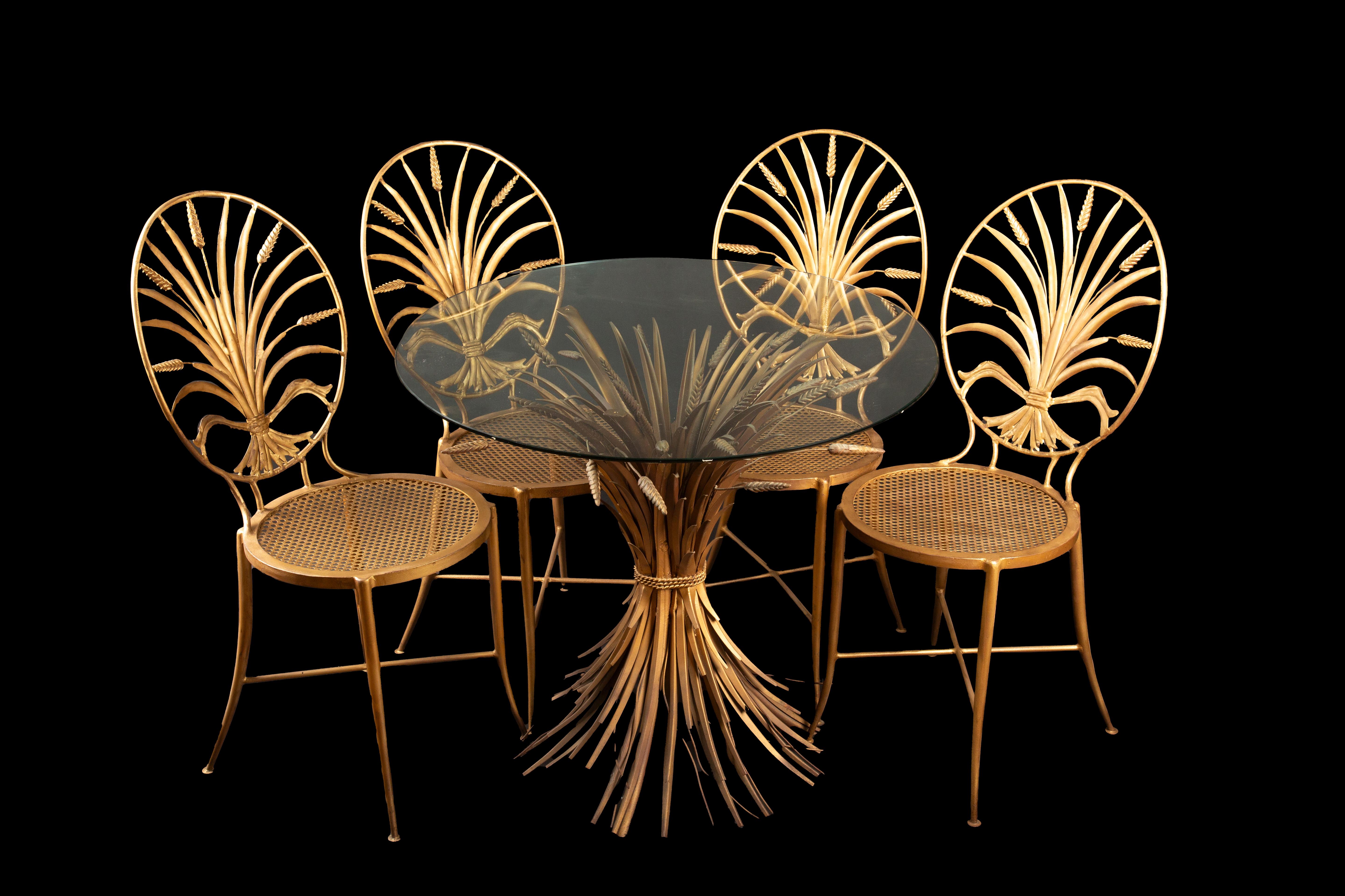Gilt 1960s Italian Wheat Back Chairs with Original Bistro Table by S. Salvadori For Sale