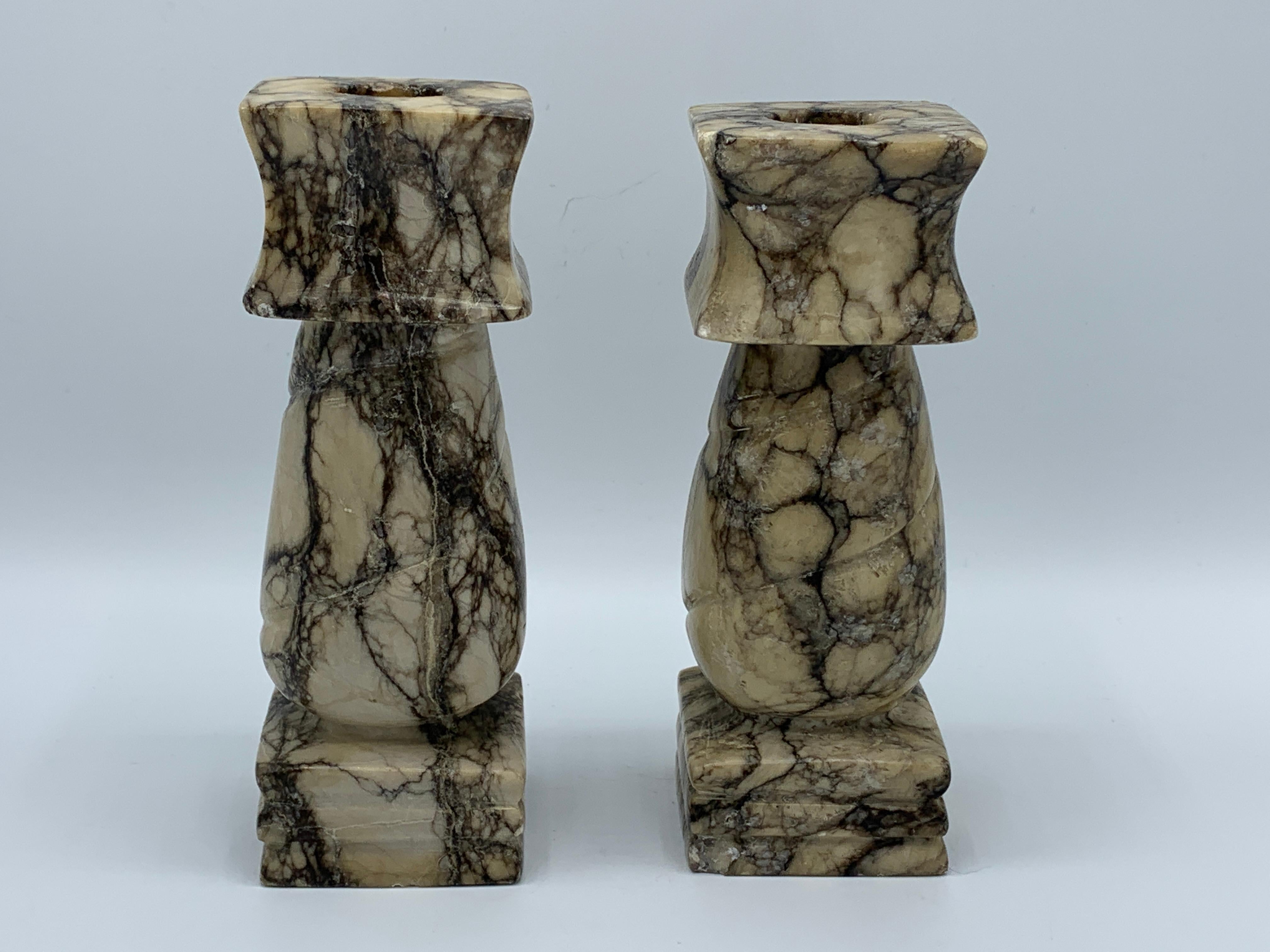 1960s Italian White and Black Marble Column Candlesticks, Pair In Good Condition In Richmond, VA