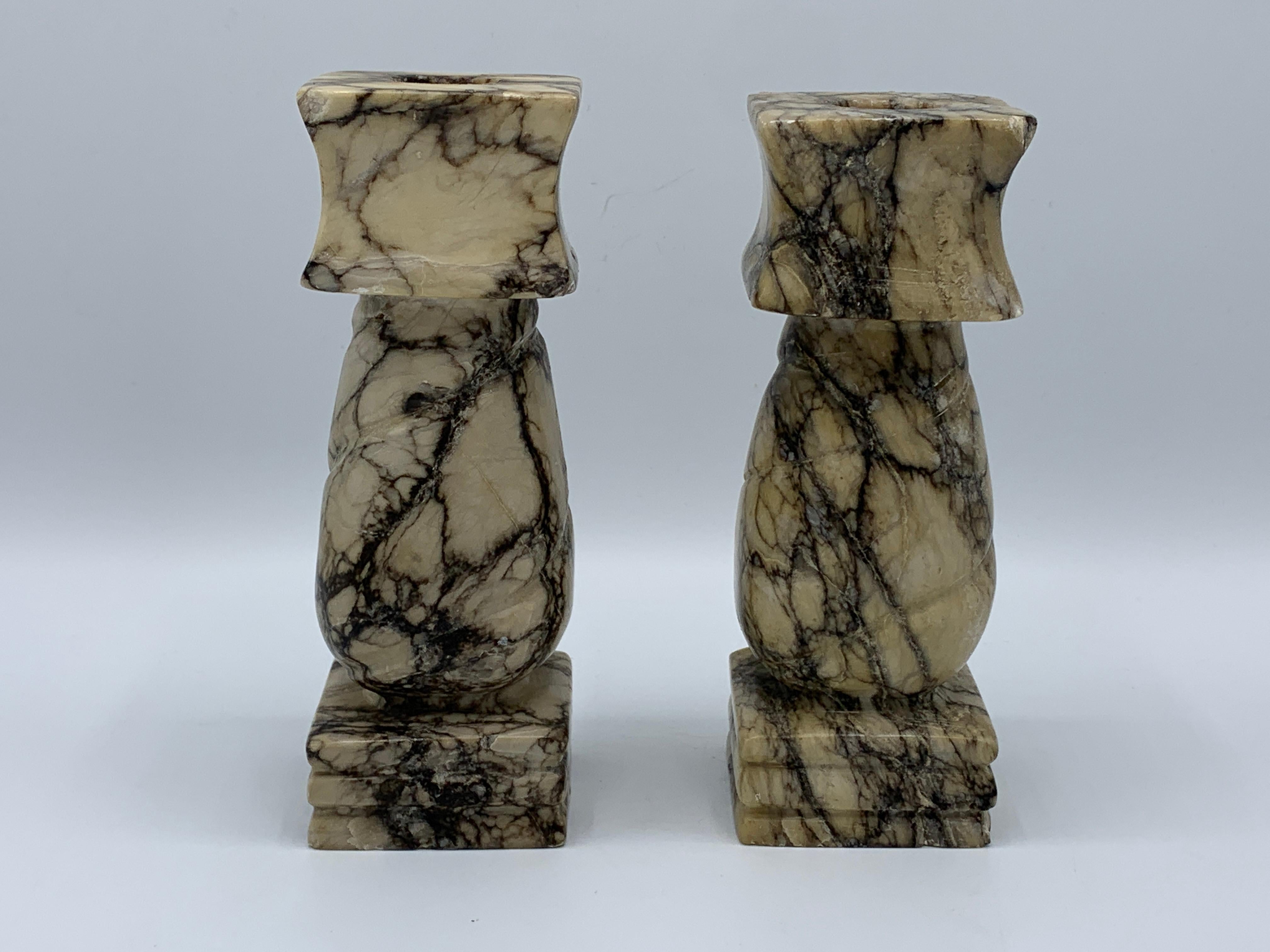 1960s Italian White and Black Marble Column Candlesticks, Pair 1