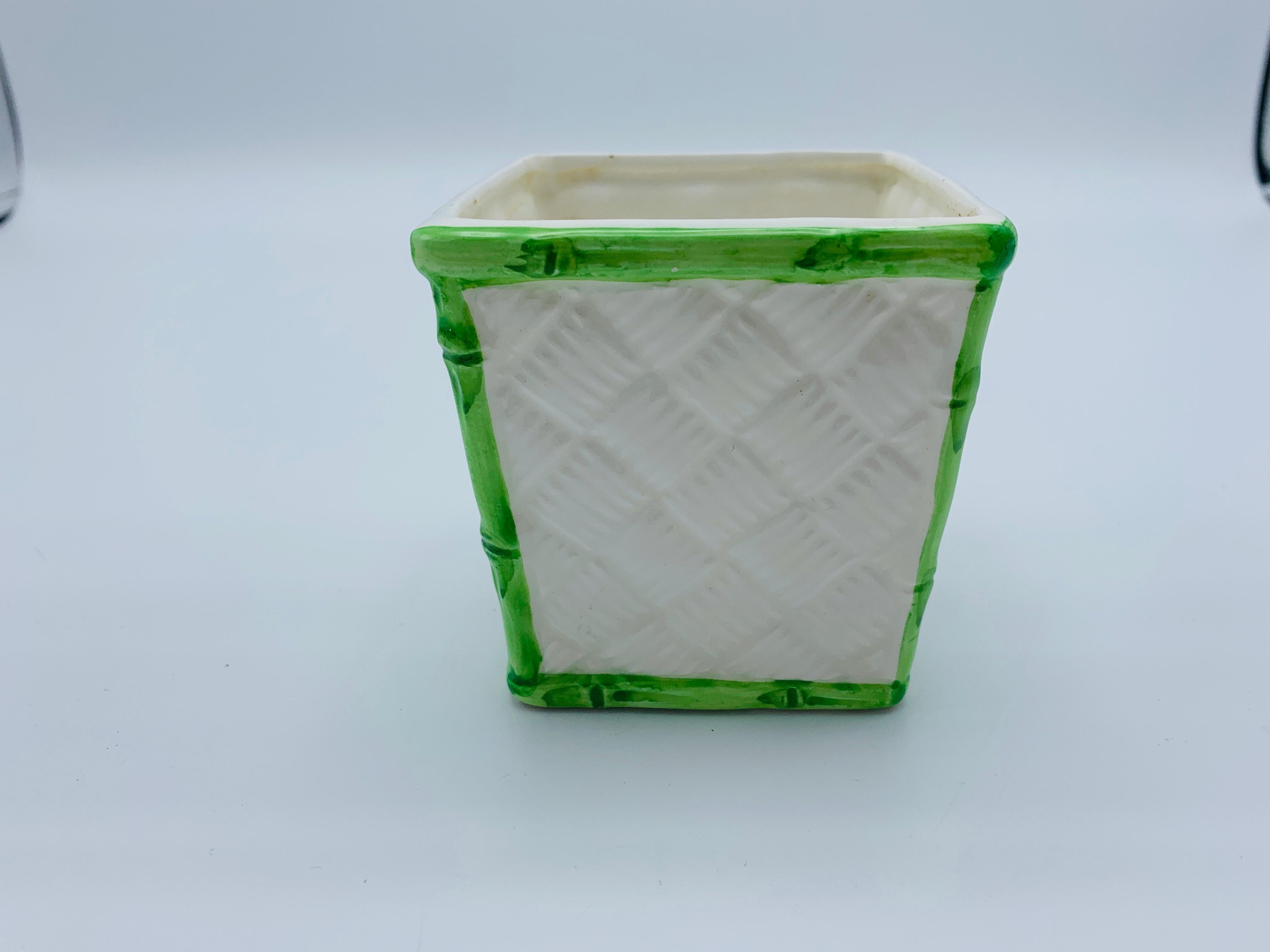 Chinoiserie 1960s Italian White and Green Basketweave and Faux Bamboo Ceramic Cachepot