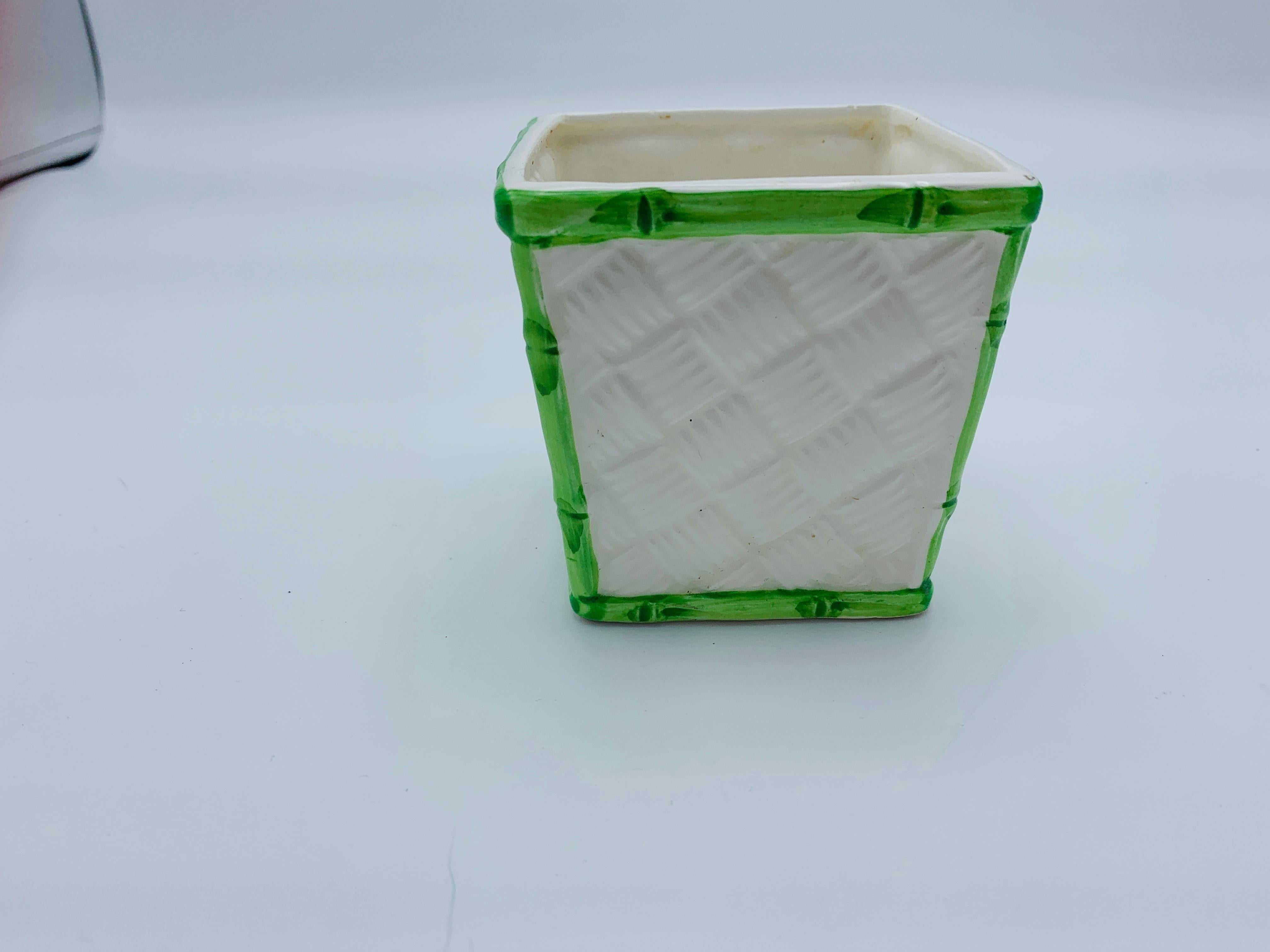 1960s Italian White and Green Basketweave and Faux Bamboo Ceramic Cachepot In Good Condition In Richmond, VA
