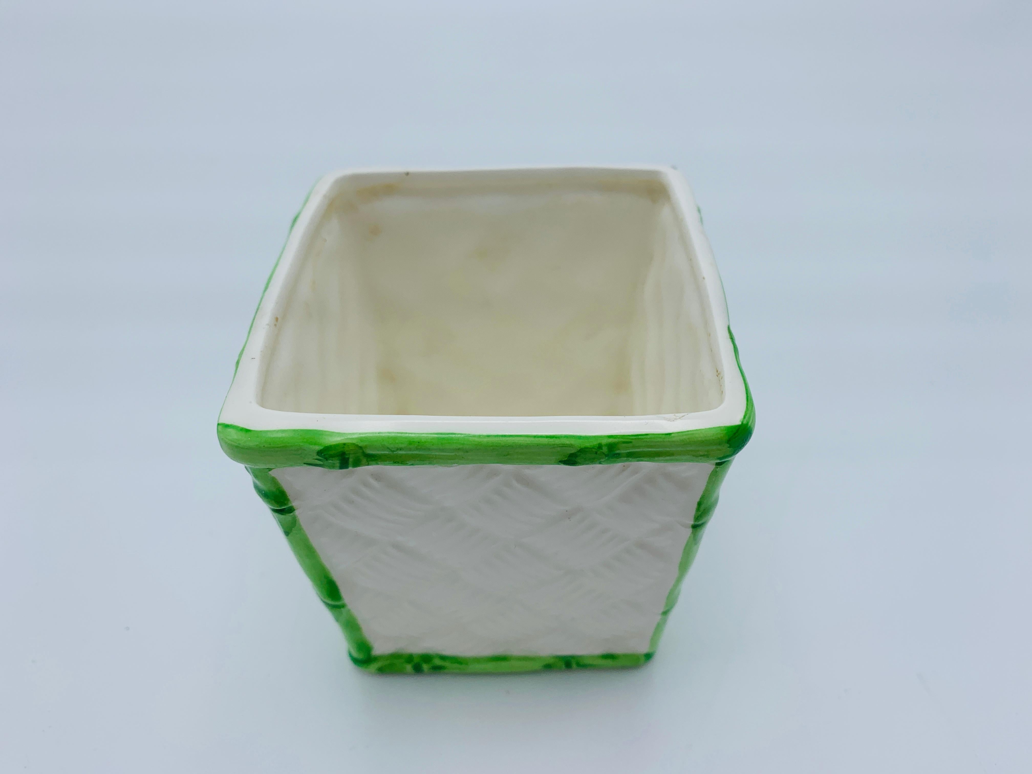 20th Century 1960s Italian White and Green Basketweave and Faux Bamboo Ceramic Cachepot