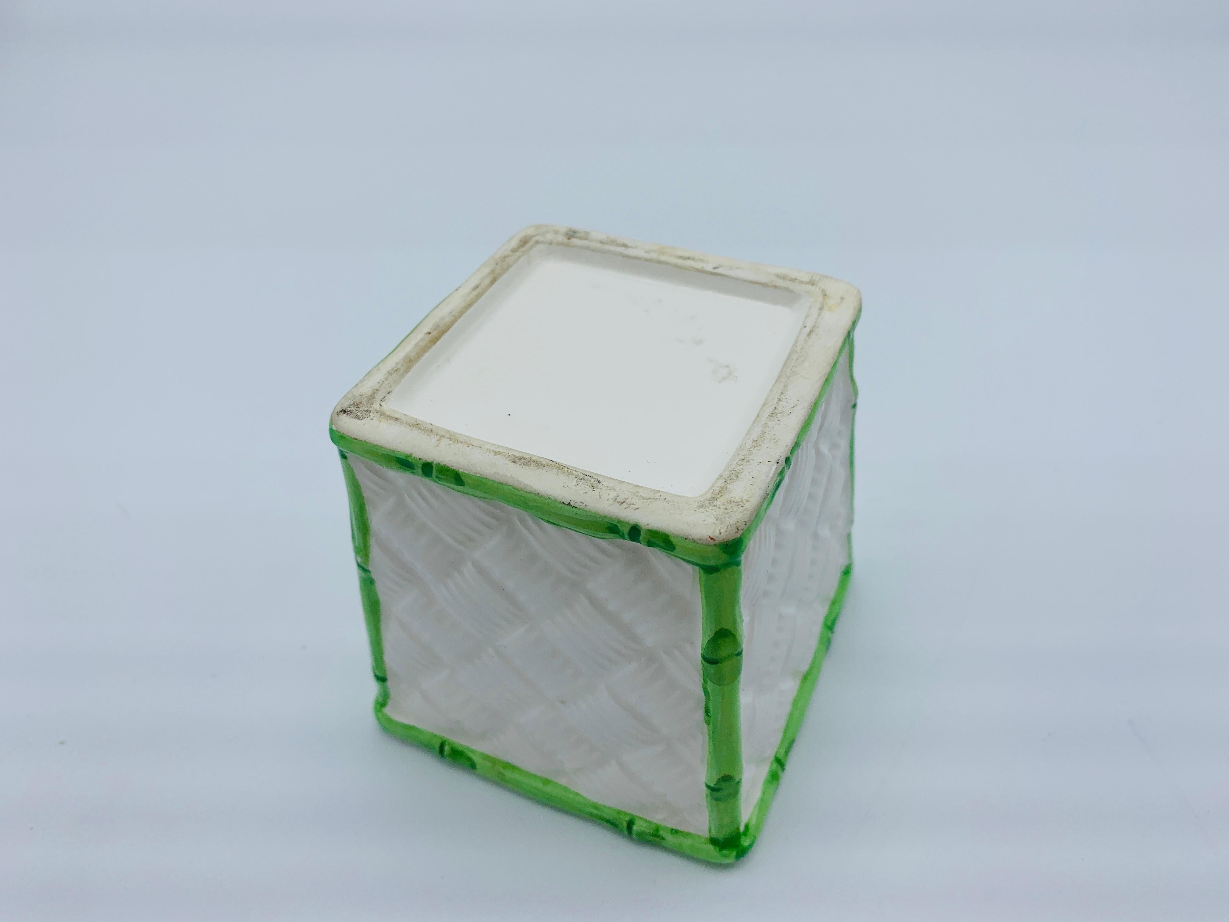 1960s Italian White and Green Basketweave and Faux Bamboo Ceramic Cachepot 1