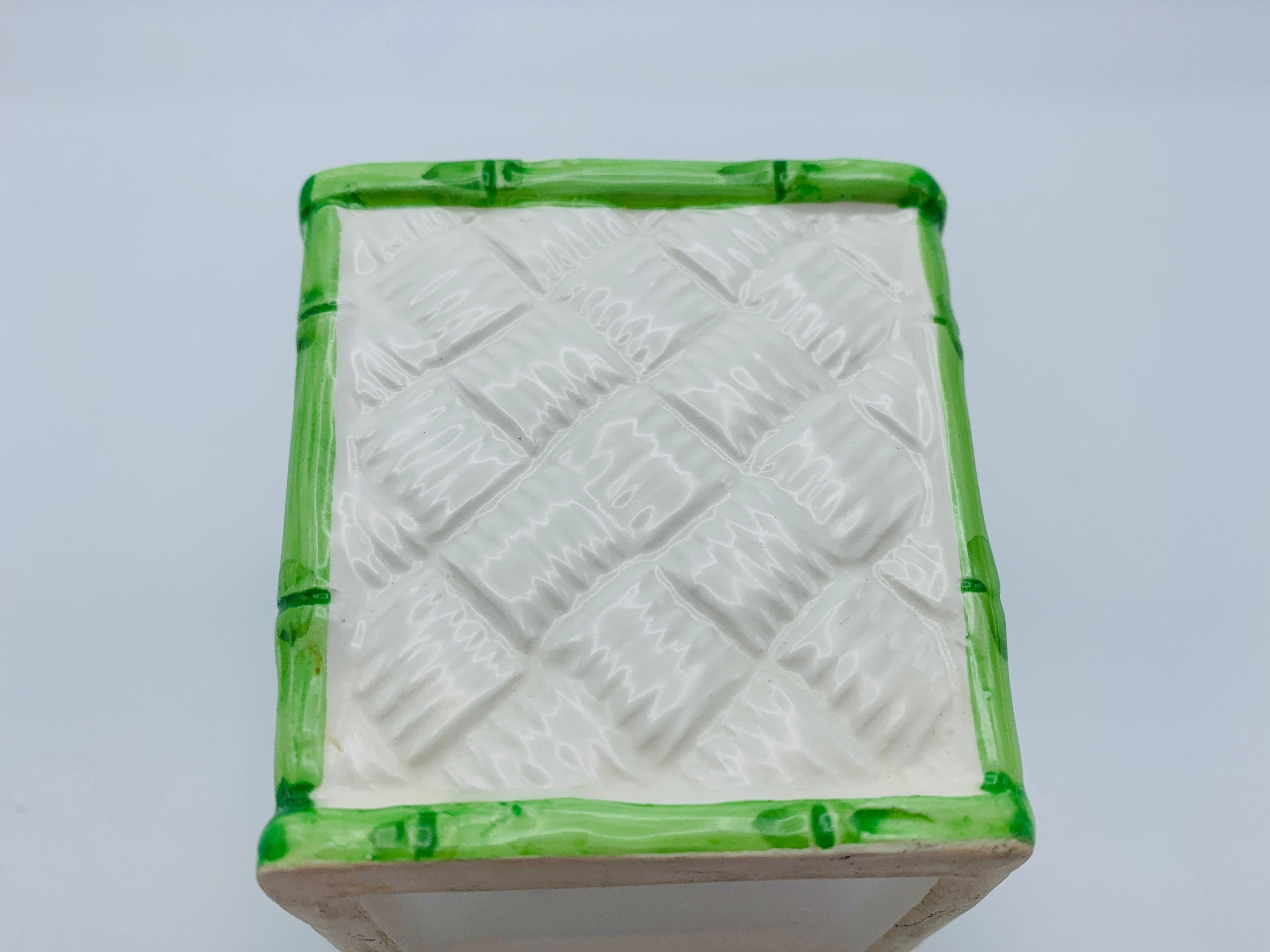 1960s Italian White and Green Basketweave and Faux Bamboo Ceramic Cachepot 2