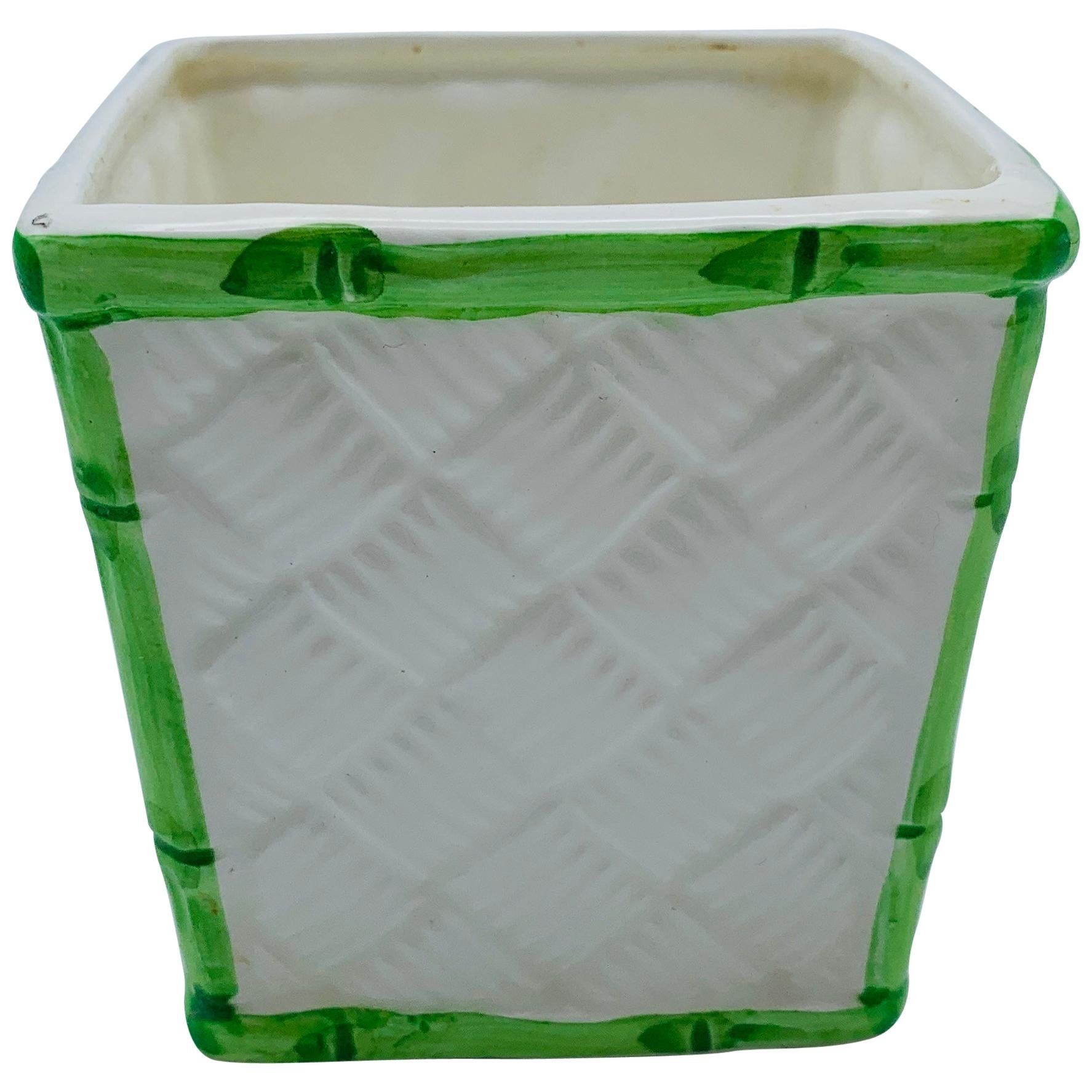 1960s Italian White and Green Basketweave and Faux Bamboo Ceramic Cachepot