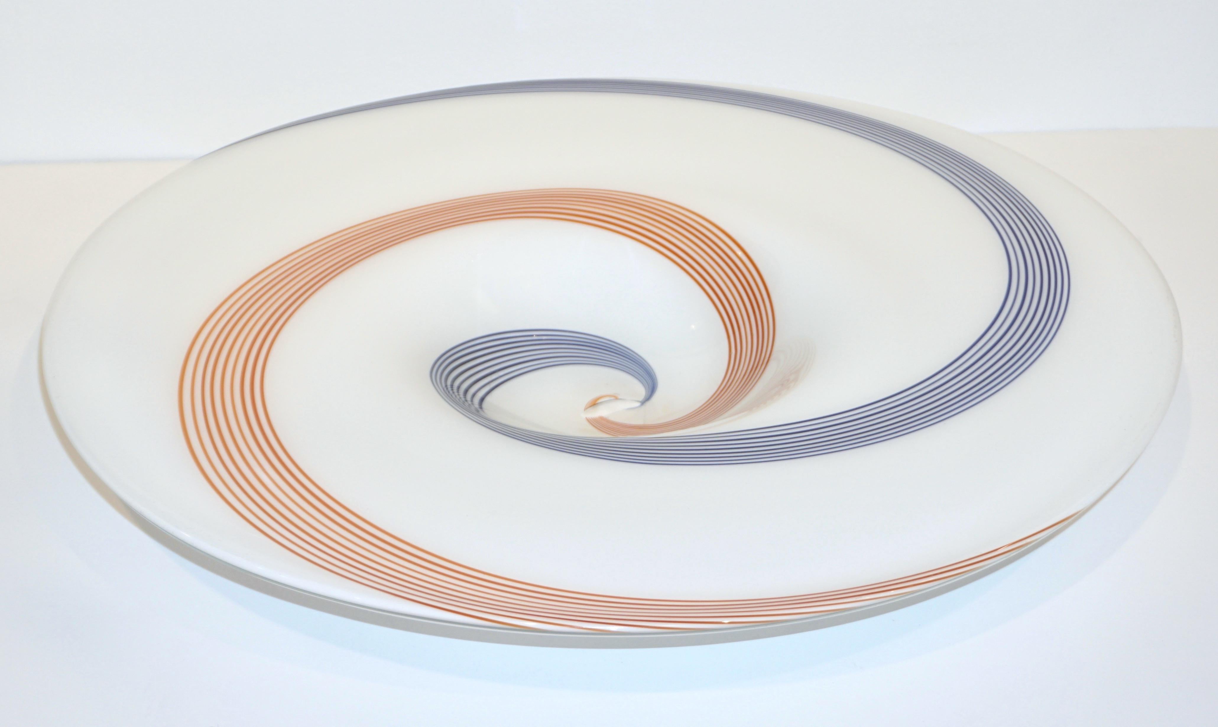 Mid-Century Modern 1960s Italian White Murano Glass Extra Large Platter with Orange & Blue Murrine
