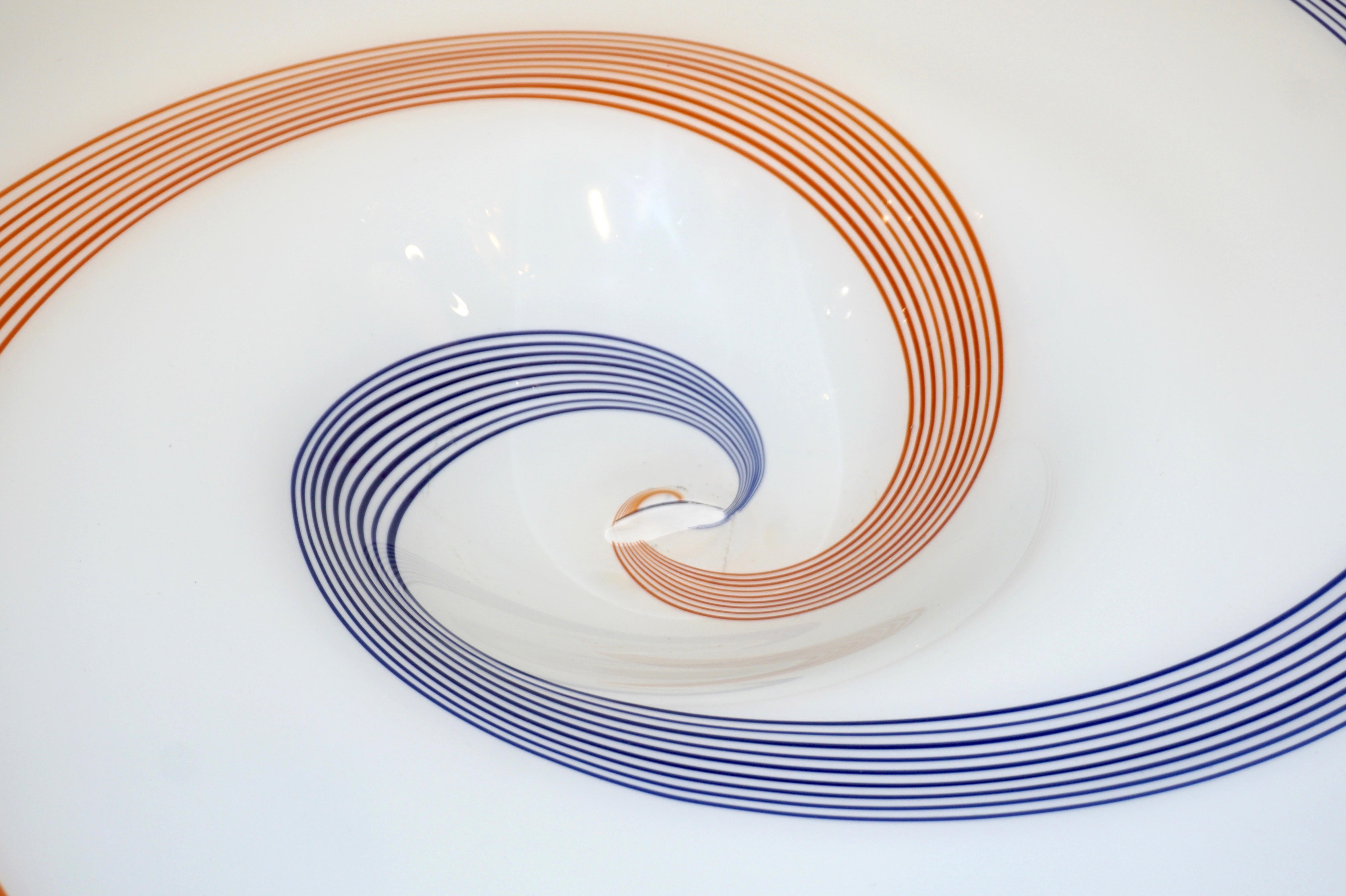 Hand-Crafted 1960s Italian White Murano Glass Extra Large Platter with Orange & Blue Murrine