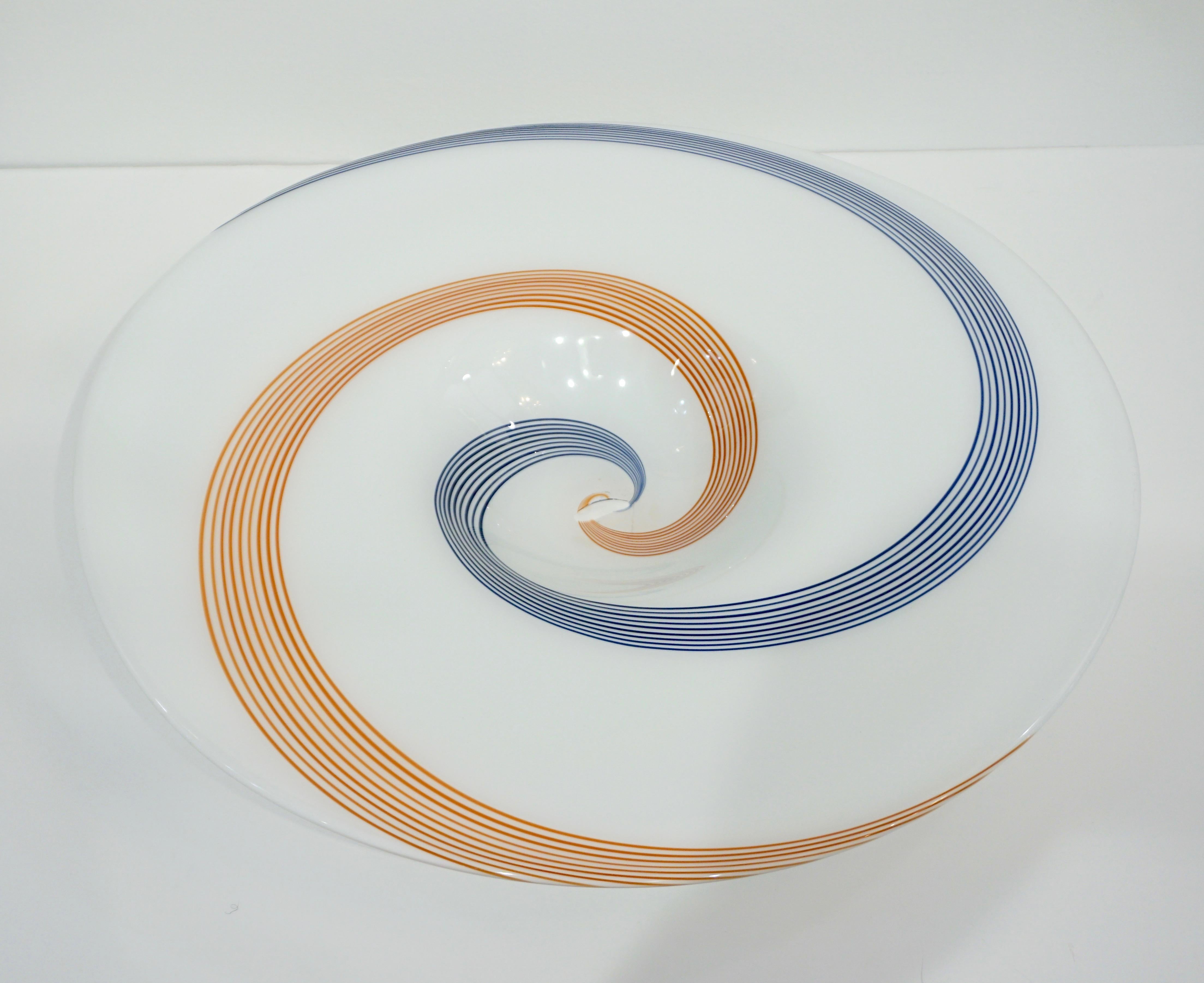 Mid-20th Century 1960s Italian White Murano Glass Extra Large Platter with Orange & Blue Murrine