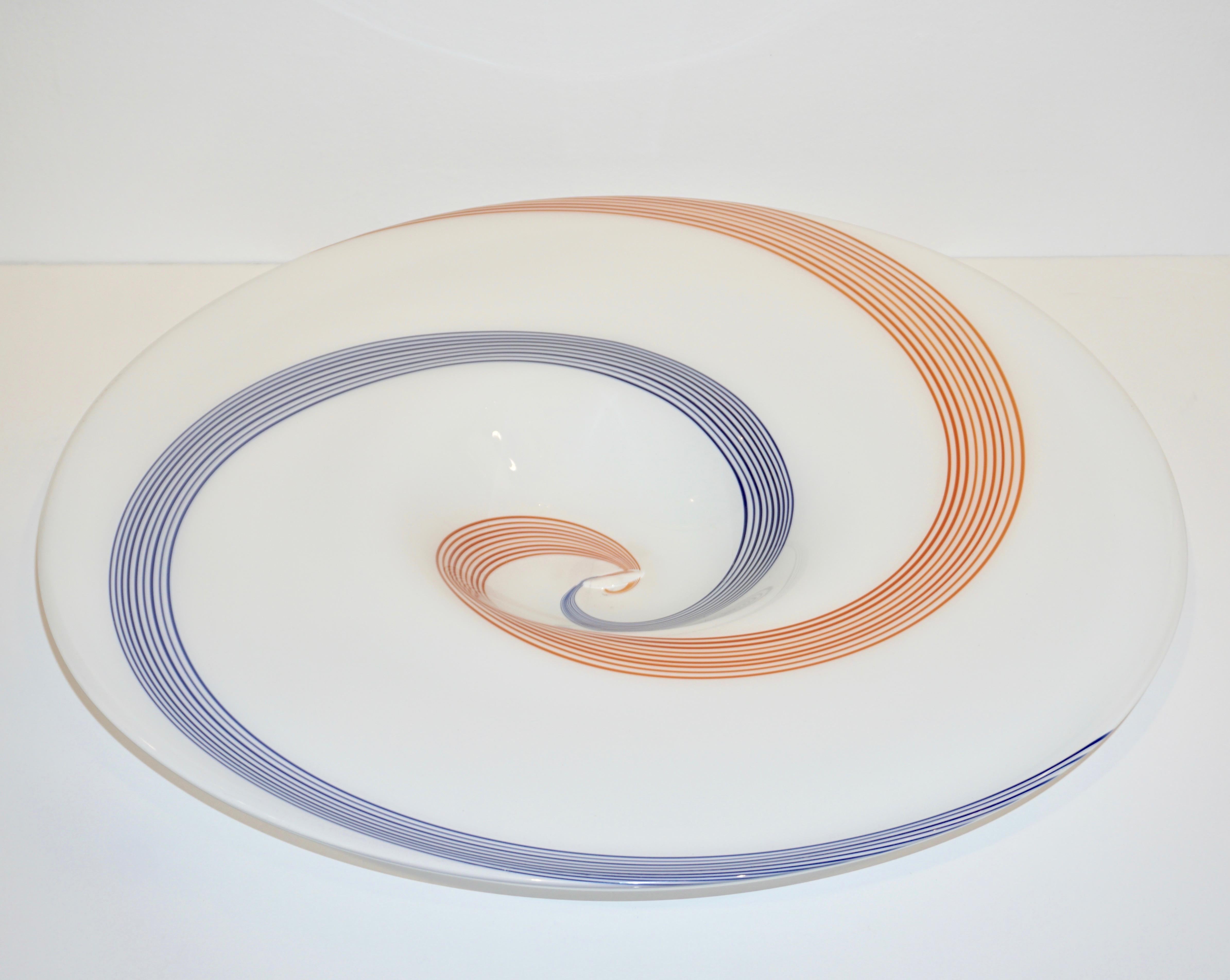 1960s Italian White Murano Glass Extra Large Platter with Orange & Blue Murrine 2