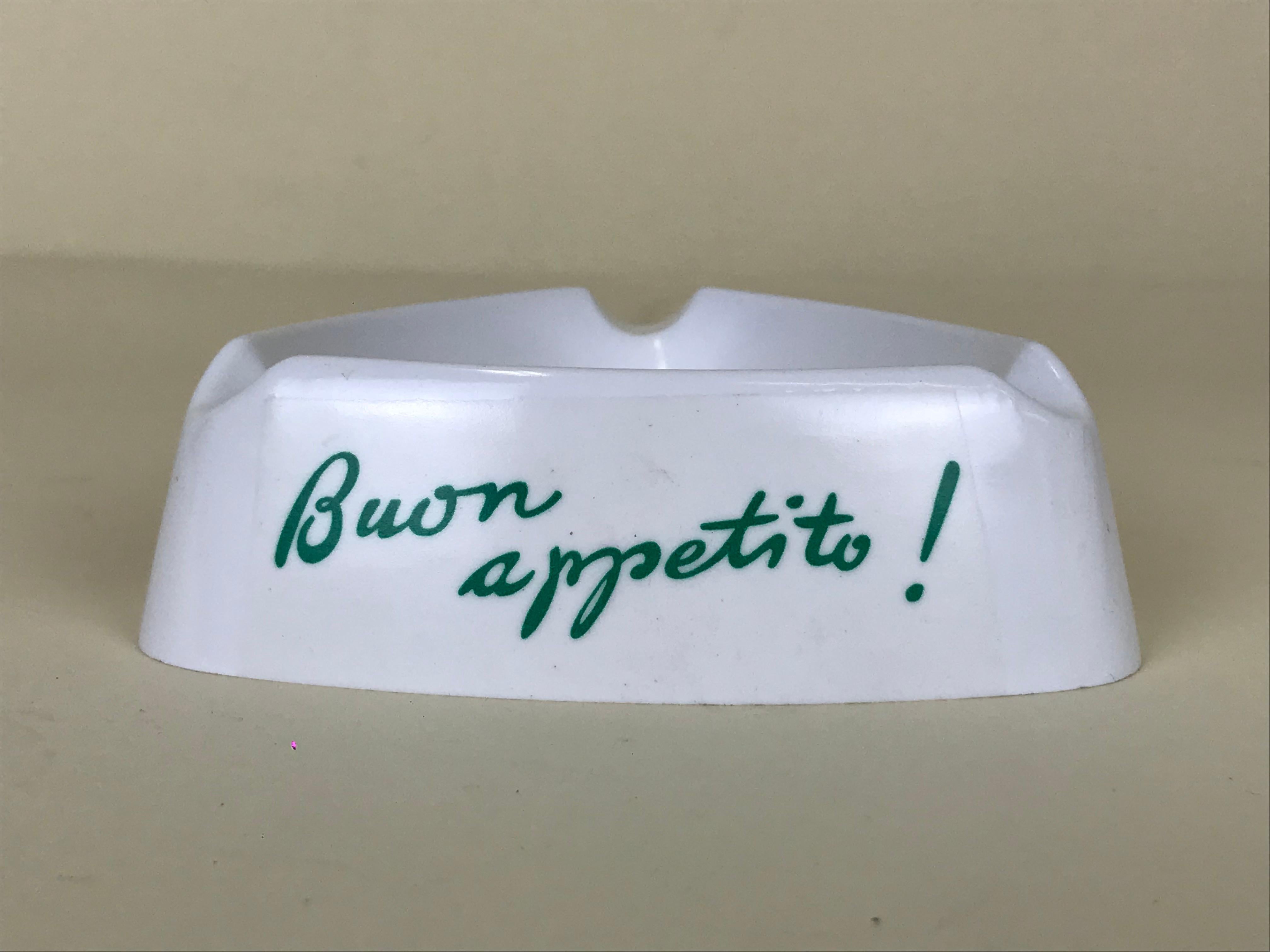 Mid-Century Modern 1960s Italian White Plastic Buon Appetito! ‘Enjoy Your Meal!’ Coca-Cola Ashtray For Sale