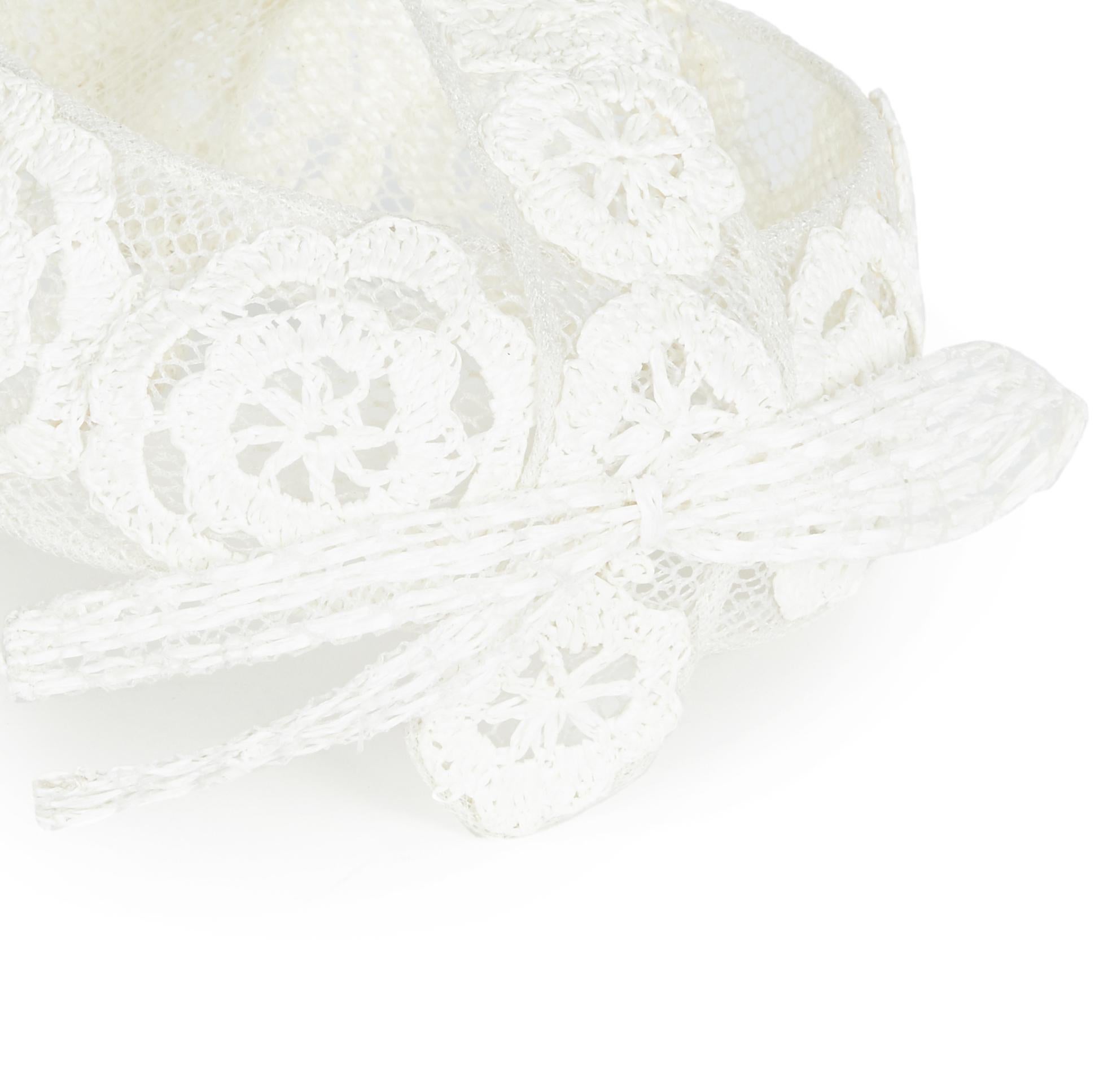 Gray 1960s Italian White Raffia Bridal Cap With Floral Design For Sale