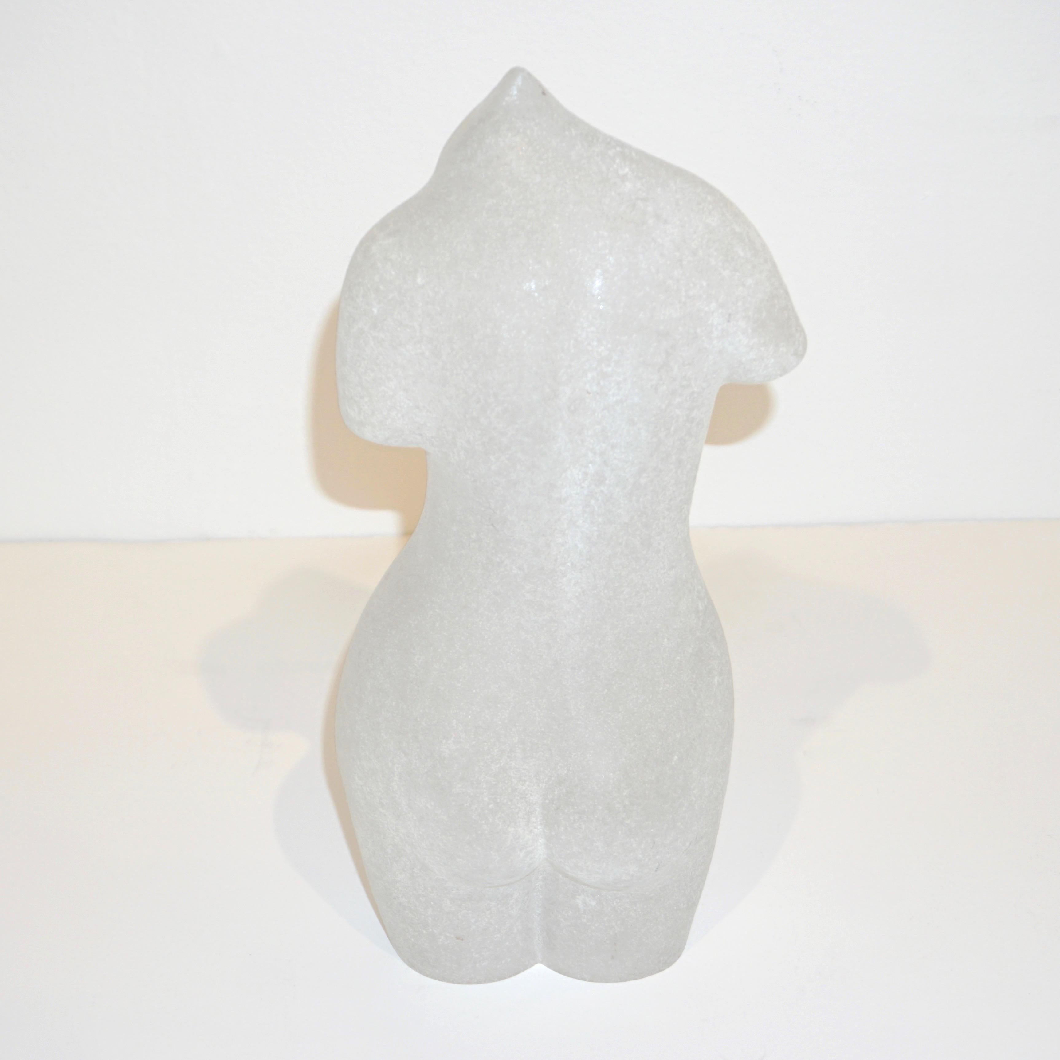 Attributed to Vetreria Cenedese this frosted vintage Venetian Minimalist sculpture is of a nude woman in a modernist interpretation. Created in blown crystal clear Murano glass worked with the special Scavo technique, typical of mid-20th century