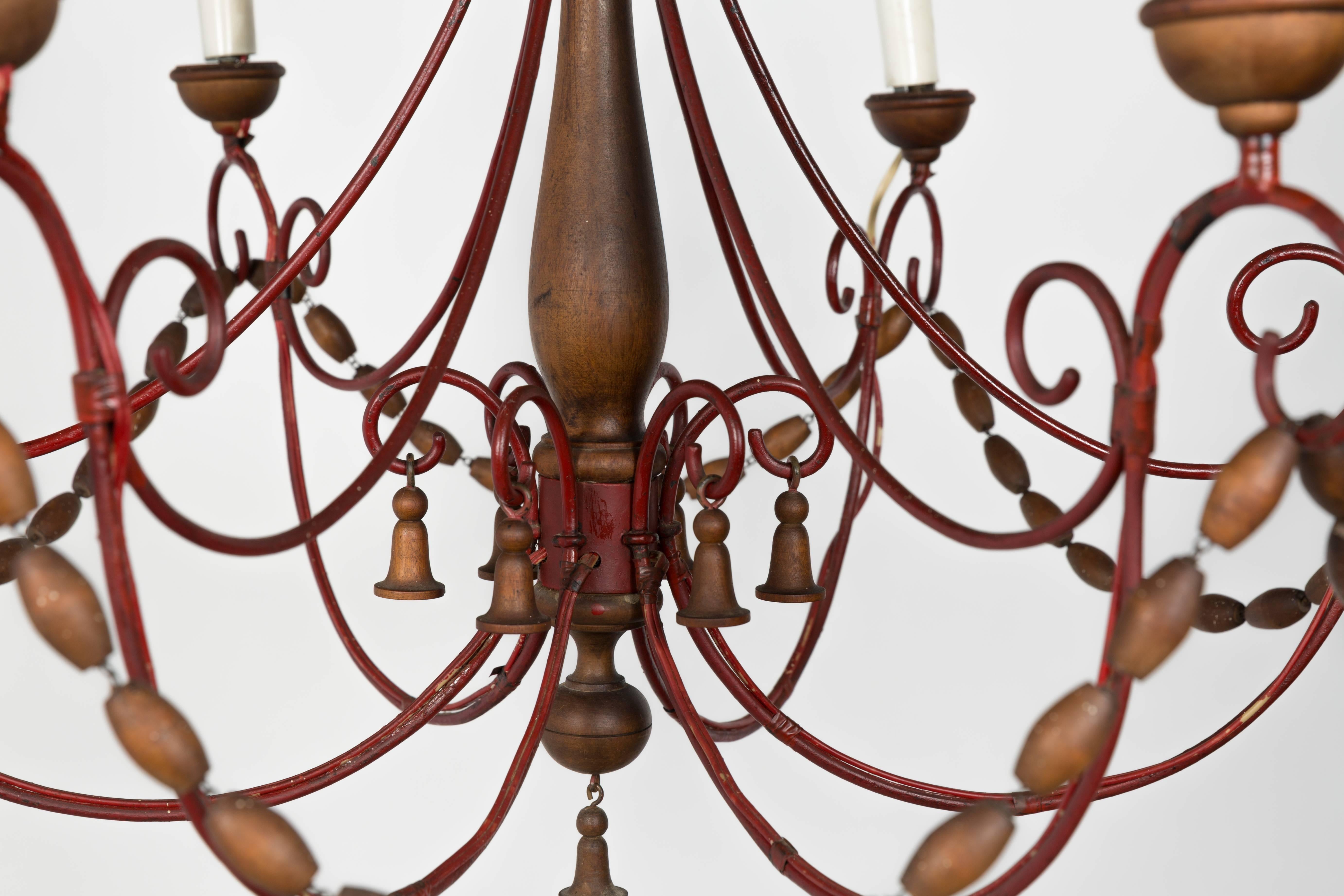 1960s Italian wood beaded chandelier with bells.
 
