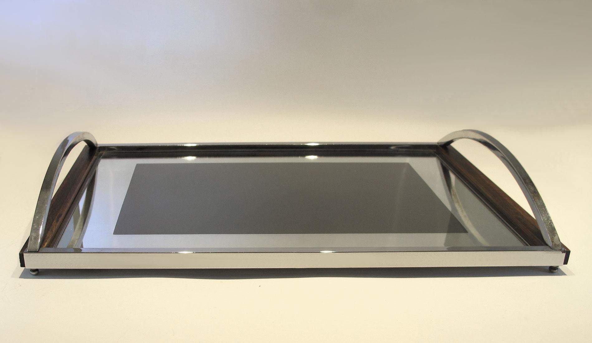1960s Italian Wood, Chrome and Mirror Tray In Good Condition In London, GB