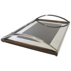 1960s Italian Wood, Chrome and Mirror Tray
