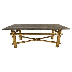 1960s Italian Wood Faux Bamboo Gilt Coffee Table with Marble Top