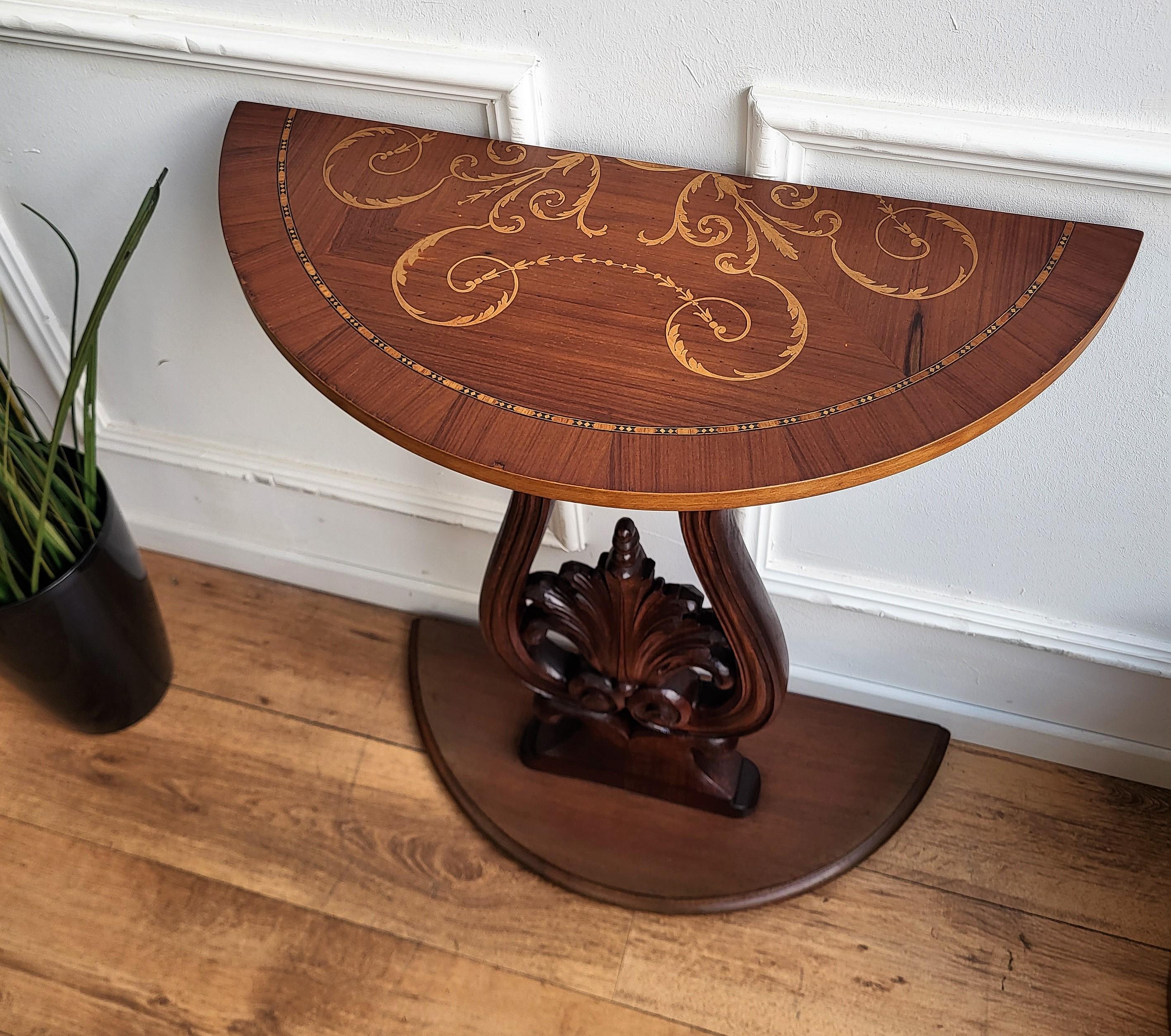 Mid-Century Modern 1960s Italian Wooden Carved Inlay Decor Demi Lune Console Side Table For Sale