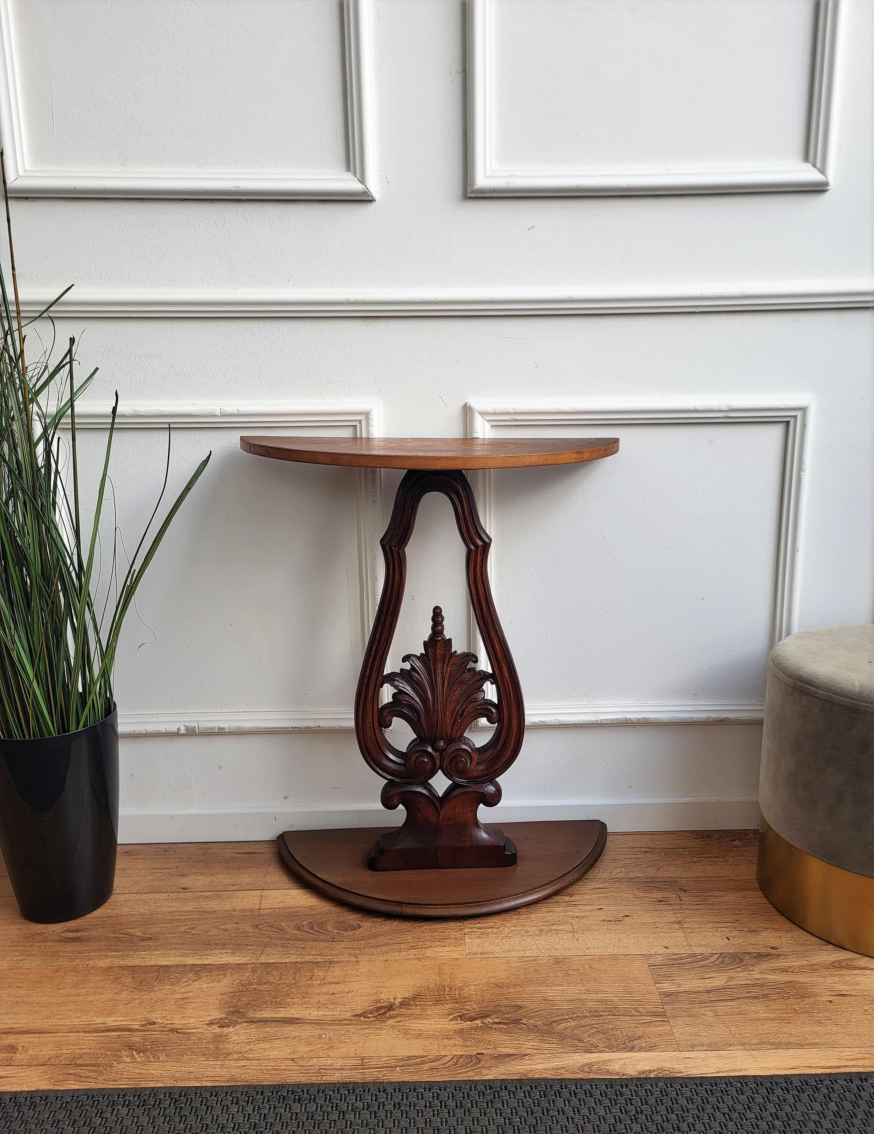 1960s Italian Wooden Carved Inlay Decor Demi Lune Console Side Table For Sale 2