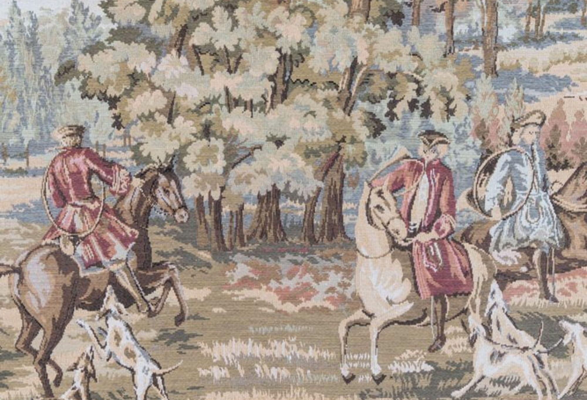 Brass 1960s Italian Wooden Coat Rack with Tapestry Hunting Scene For Sale