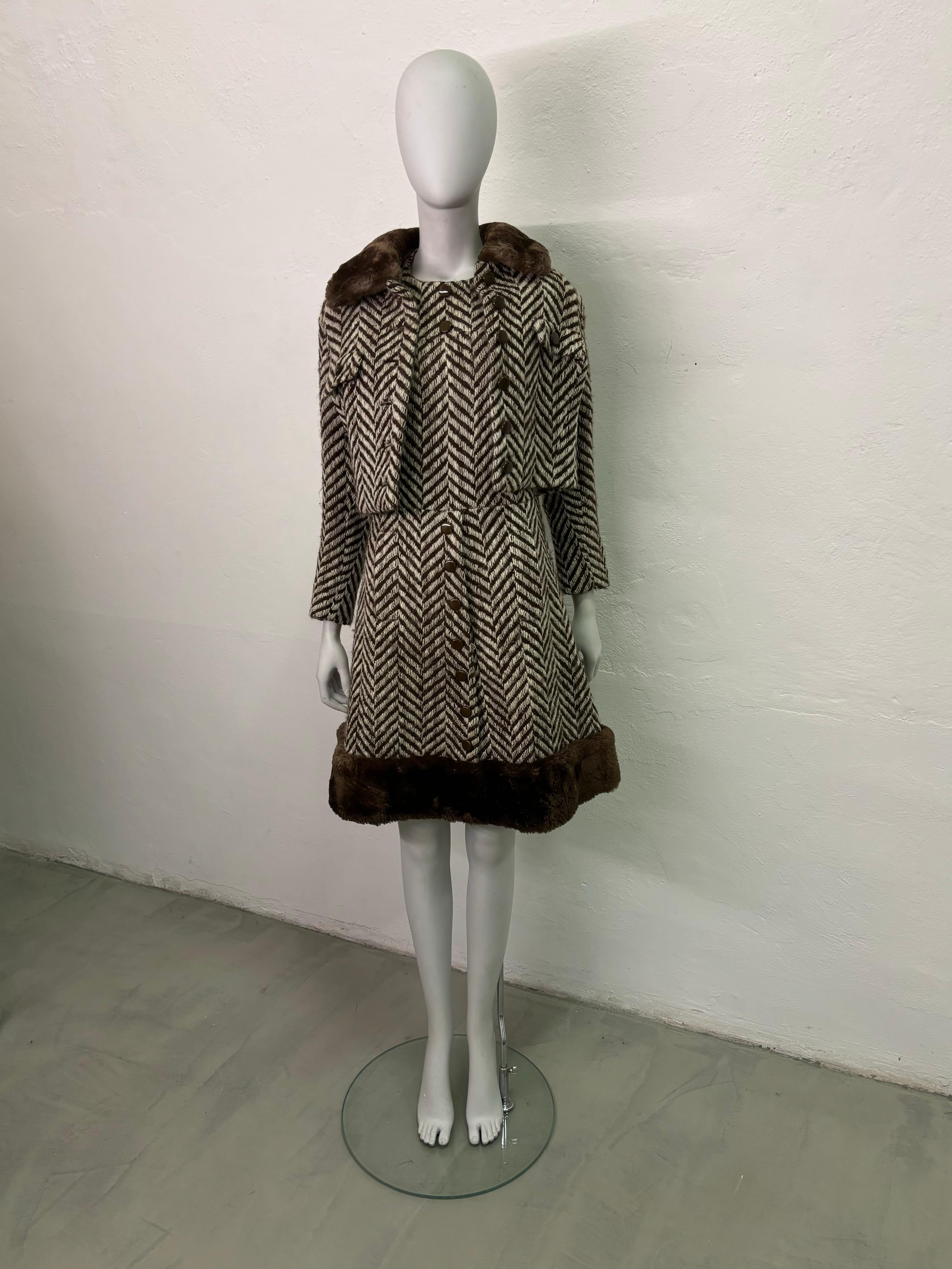 Women's 1960's Italian wool dress + jacket with fur trim For Sale