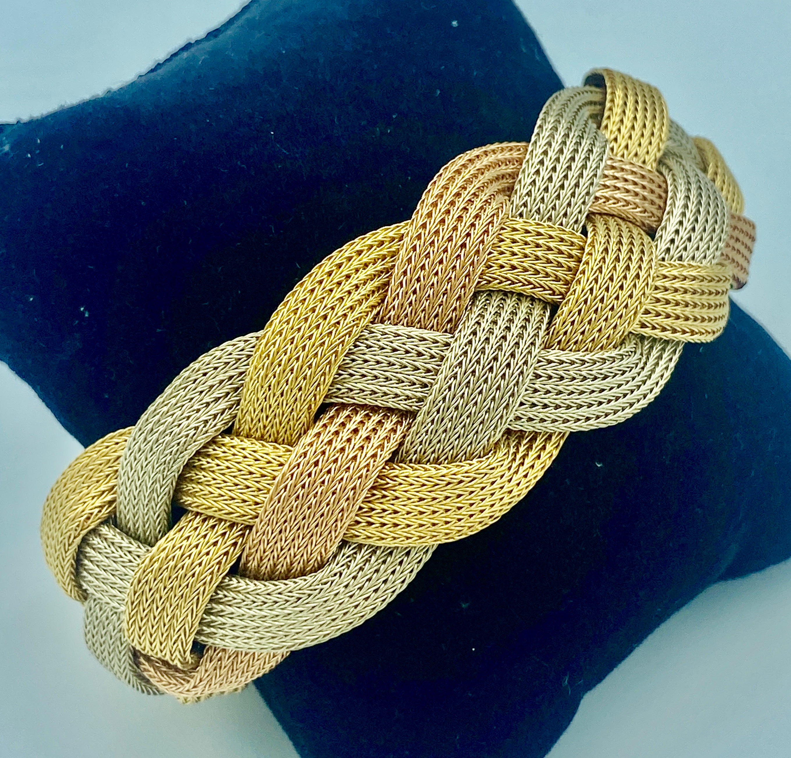 1960s Italian yellow, white and rose 18 carat gold plaited bracelet  For Sale
