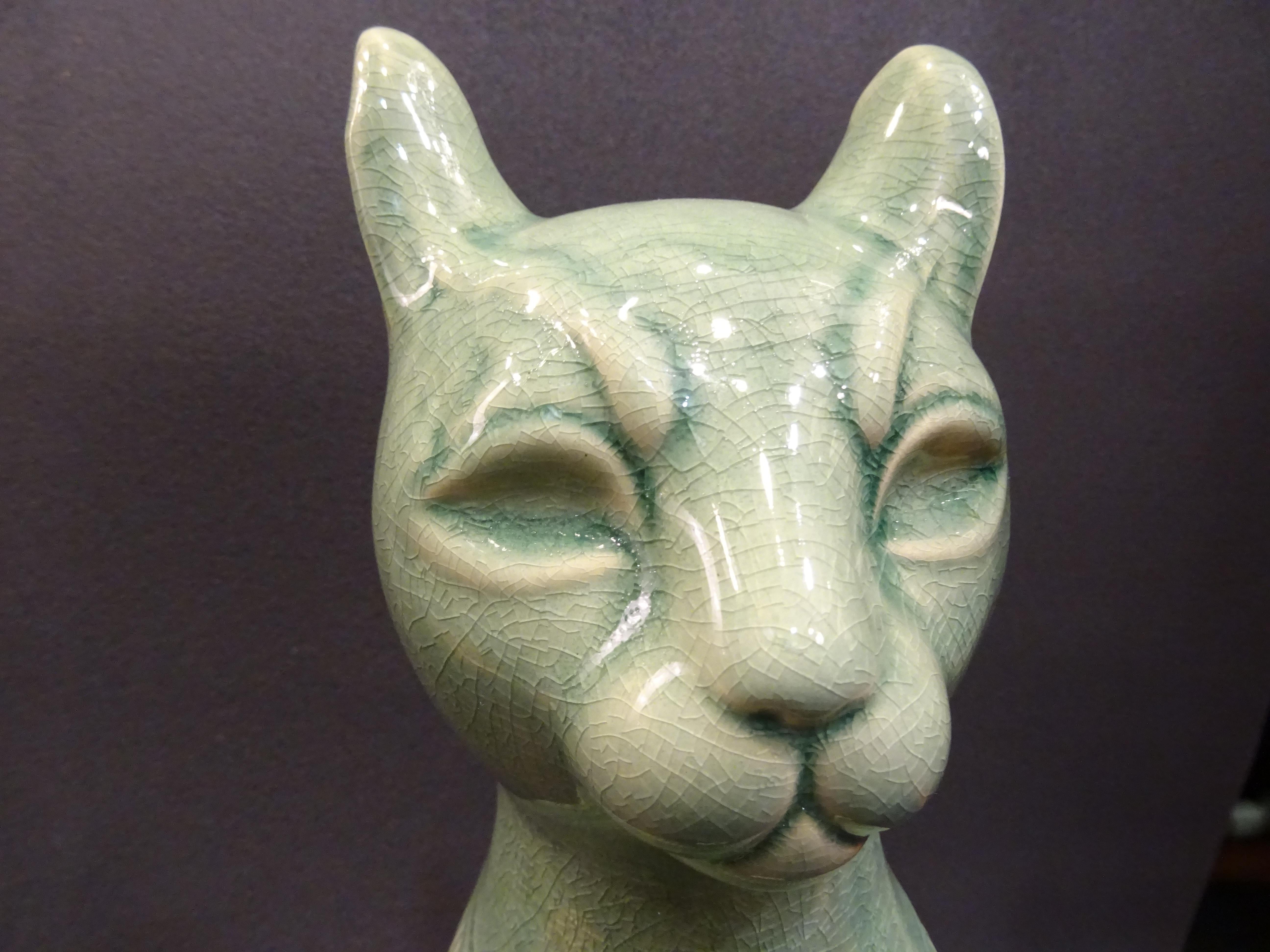 1960s Italy Couple of Cats Sculptures in Celadon Color Ceramic 9