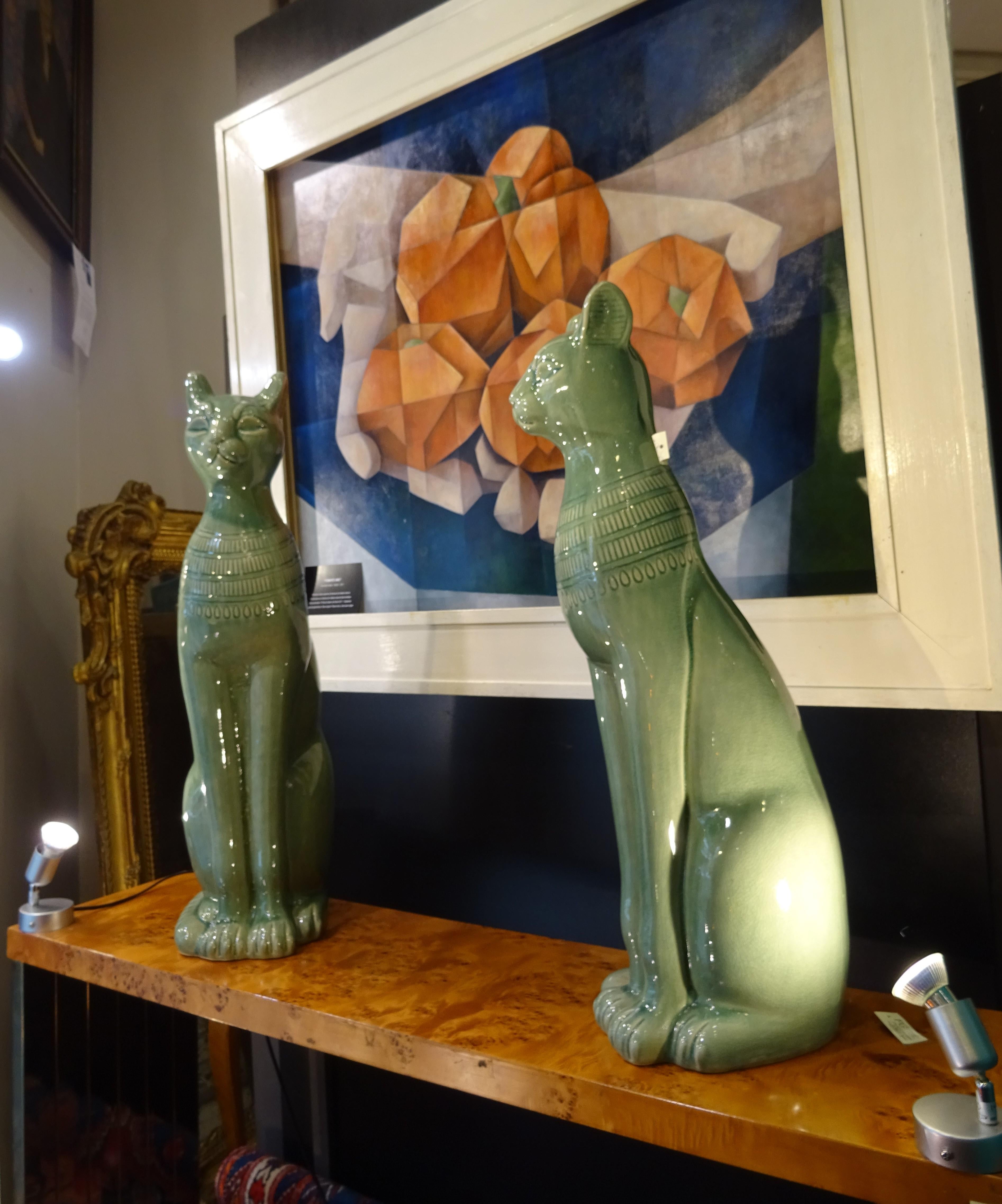 1960s Italy Couple of Cats Sculptures in Celadon Color Ceramic 13