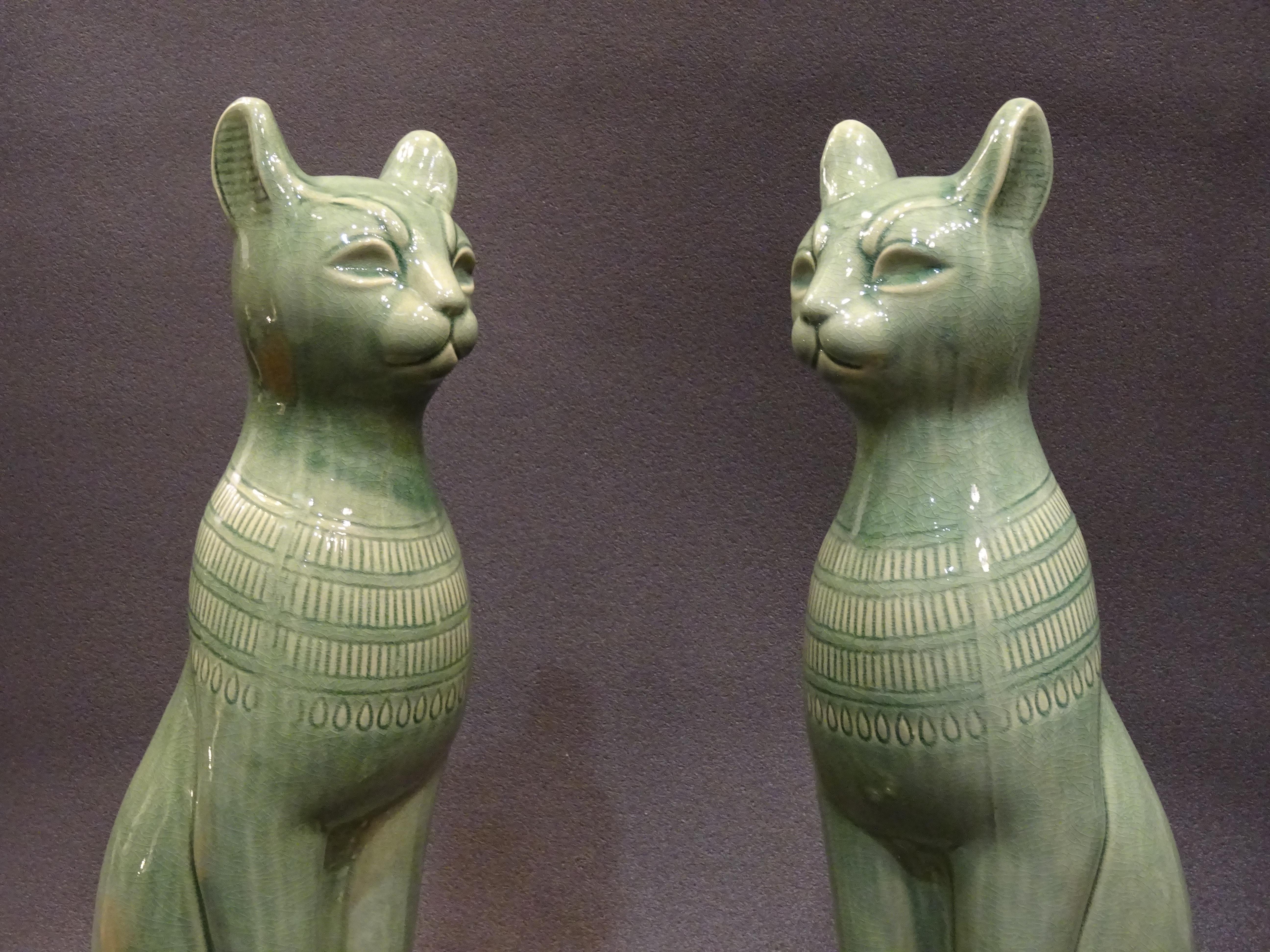 Italian 1960s Italy Couple of Cats Sculptures in Celadon Color Ceramic
