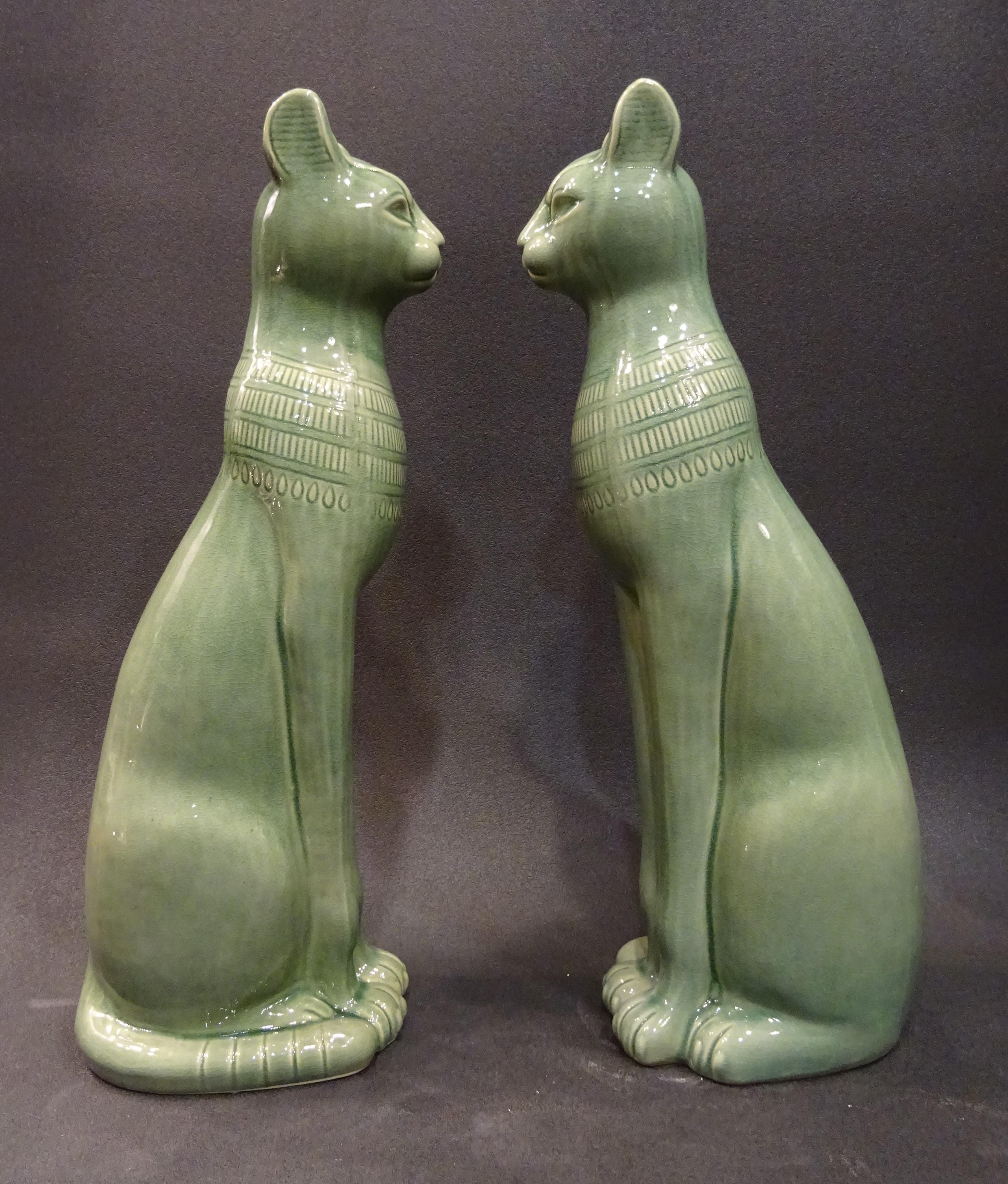 Mid-20th Century 1960s Italy Couple of Cats Sculptures in Celadon Color Ceramic