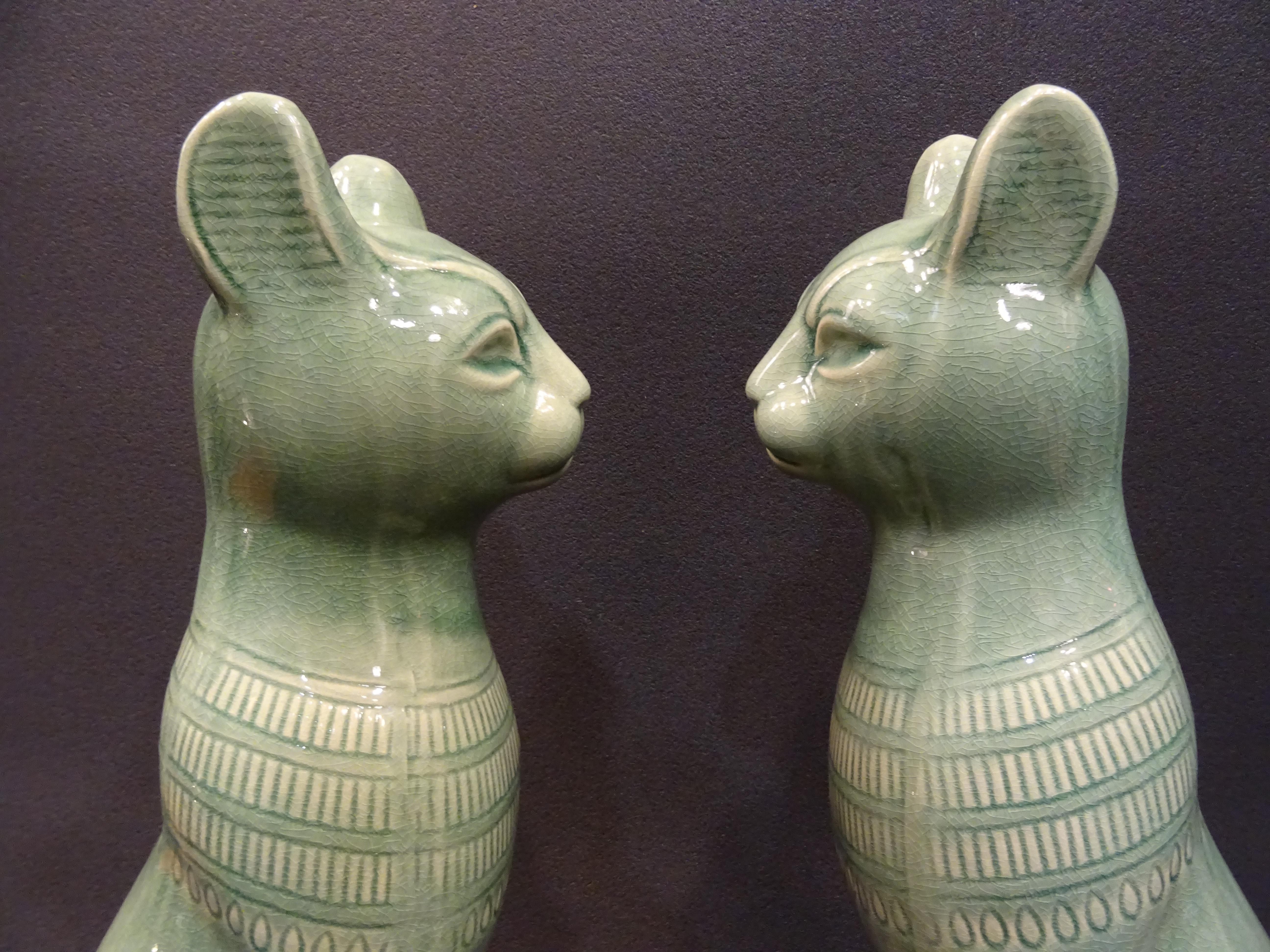 1960s Italy Couple of Cats Sculptures in Celadon Color Ceramic 1