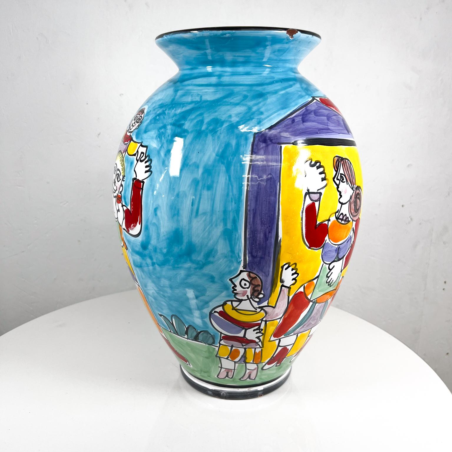 Mid-Century Modern 1960s Italy Hand Painted Collections Colorful Ceramic Vase Happy Family