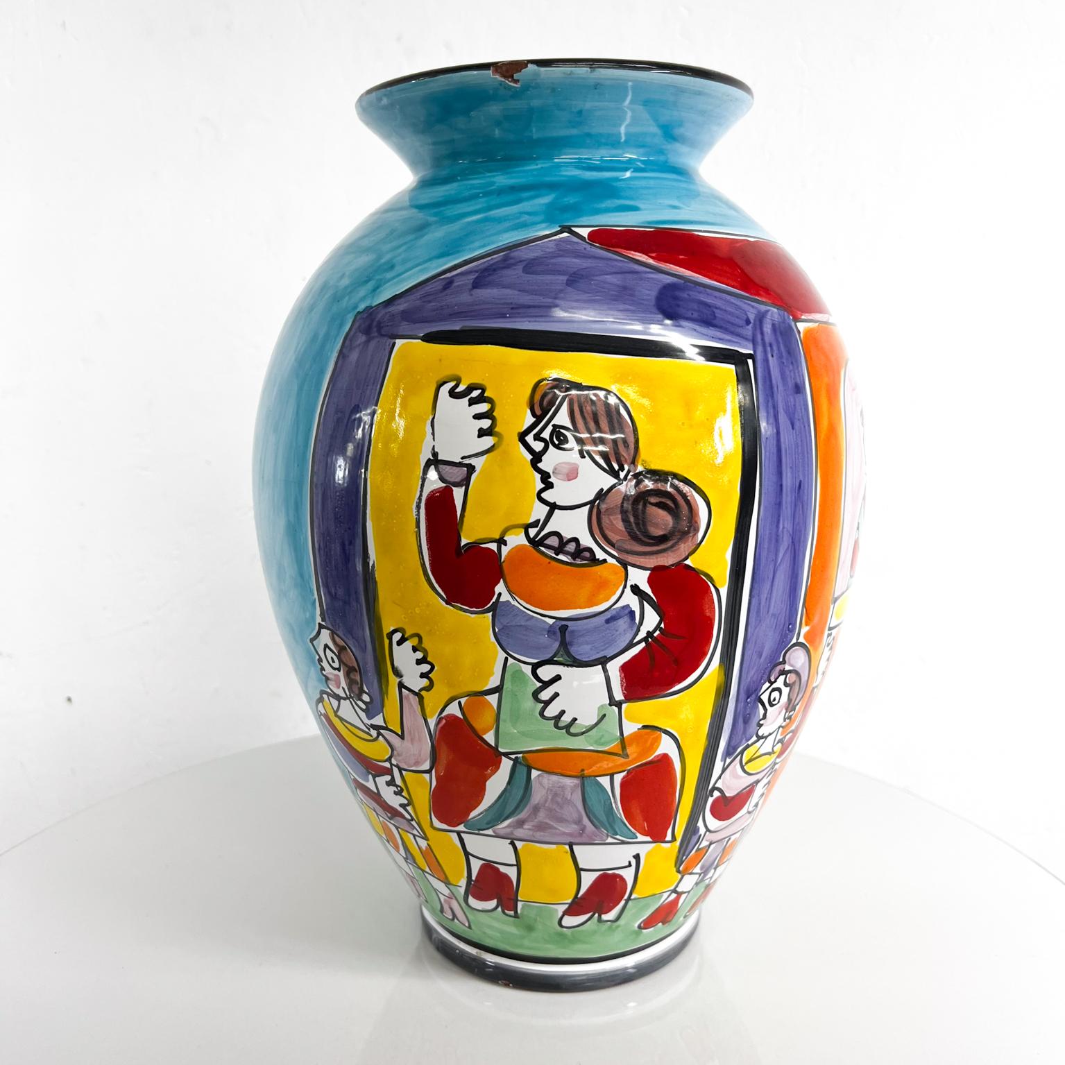 Italian 1960s Italy Hand Painted Collections Colorful Ceramic Vase Happy Family