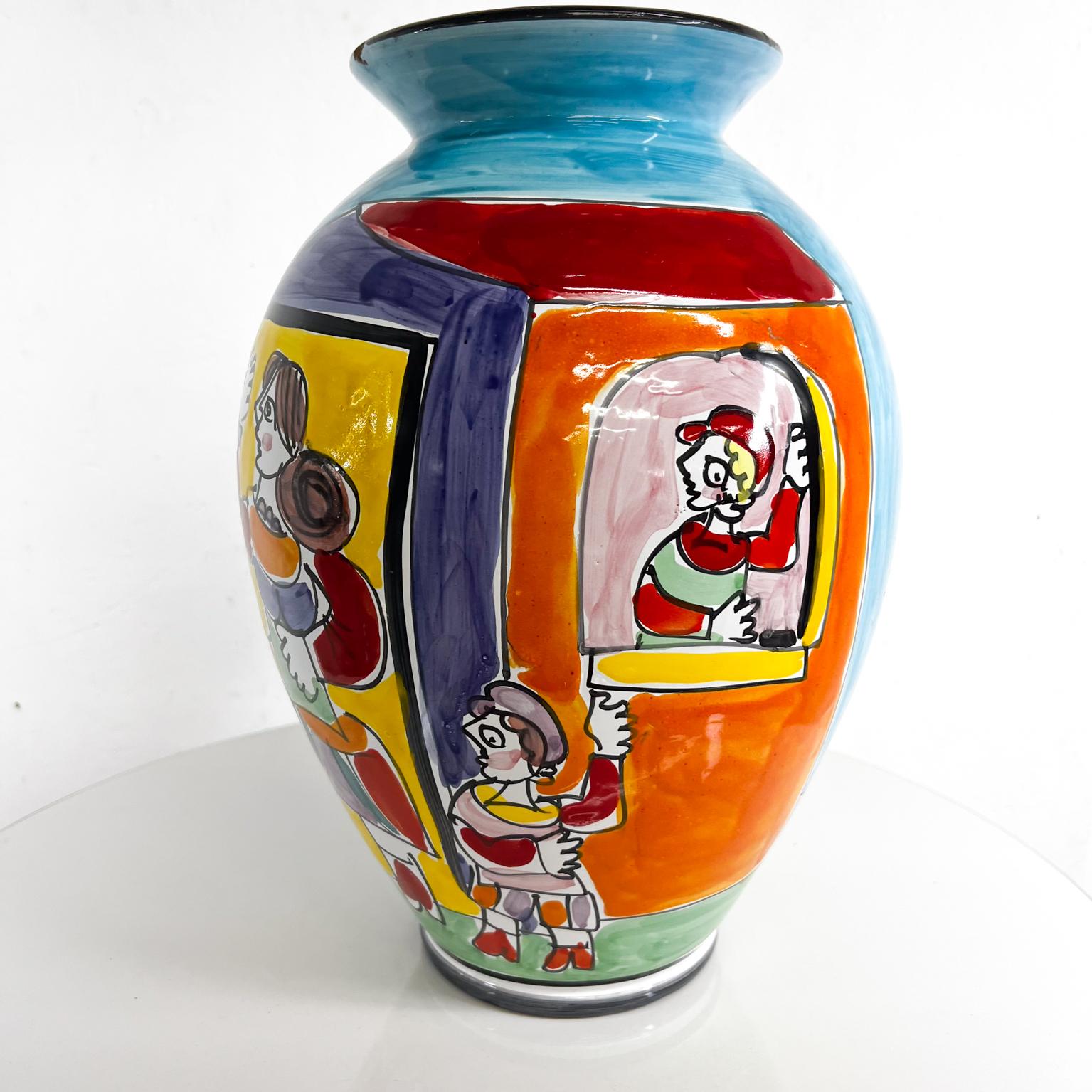 1960s Italy Hand Painted Collections Colorful Ceramic Vase Happy Family In Good Condition In Chula Vista, CA