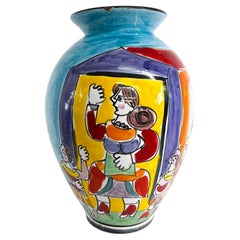1960s Italy Hand Painted Collections Colorful Ceramic Vase Happy Family