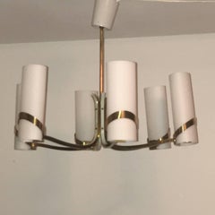 60s Max Ingrand style Milk Glass and Brass Chandelier Attributed to Stilnovo