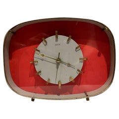 Retro 1960s Italy Ritz Pink Art Deco Wind-Up Alarm Table Clock in Lucite and Brass