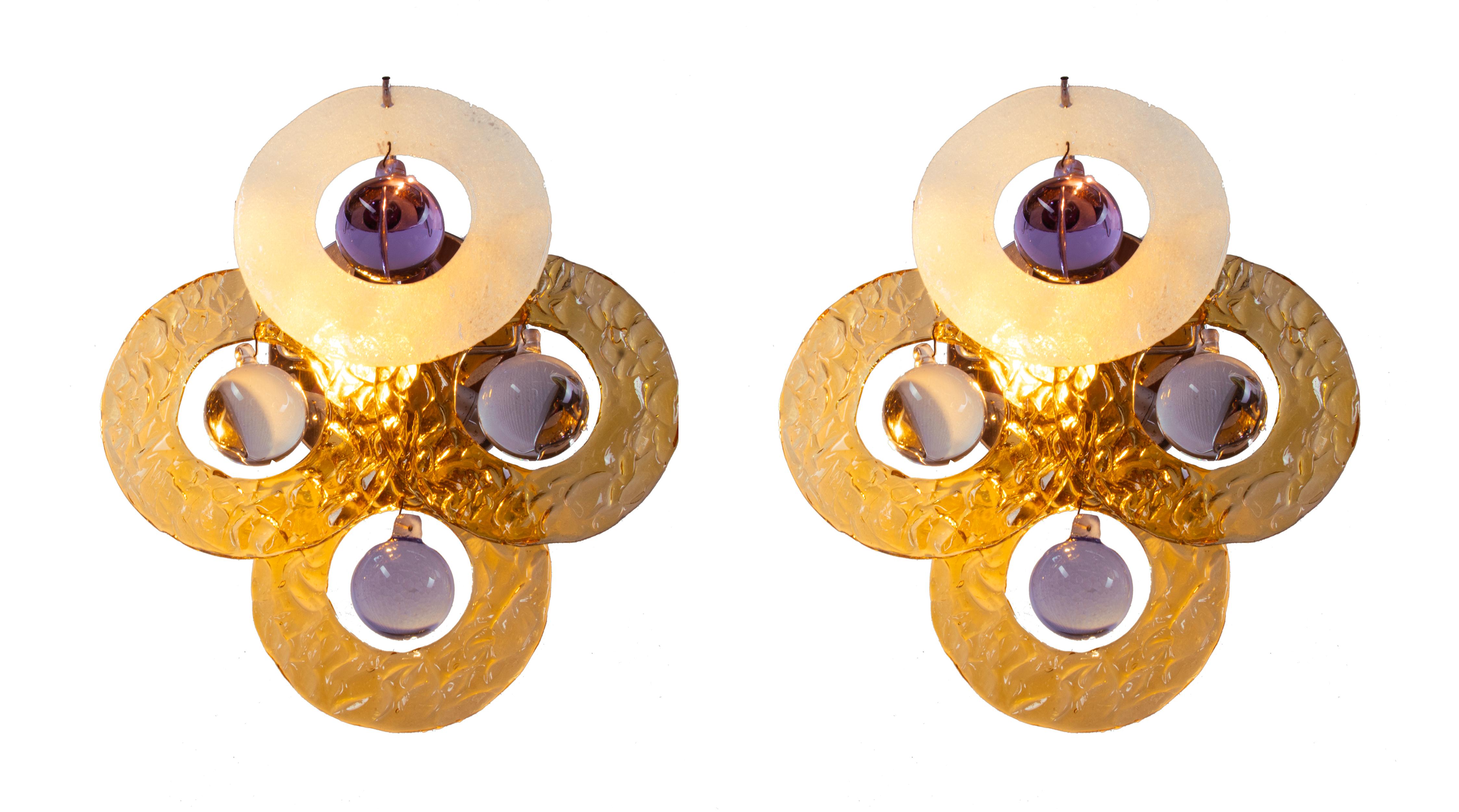 Lámpara de pared Vistosi de Italia de los años 60 con bolas de cristal de Murano sobre discos helados, set de 2 en Bueno Estado en Niederdorfelden, Hessen
