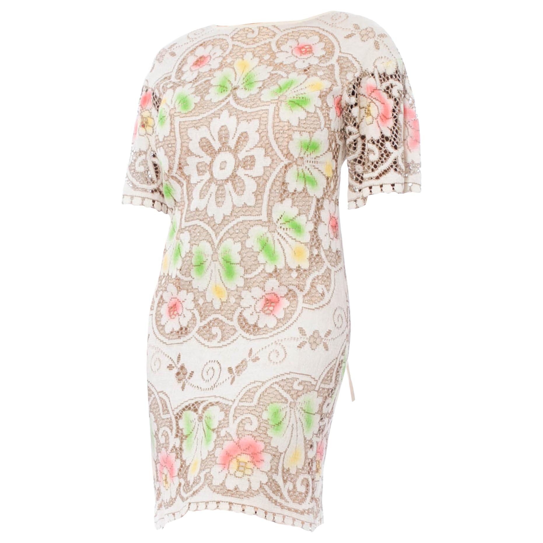 1960S Ivory Lace Dress With Sprayed Colorful Floral Highlights
