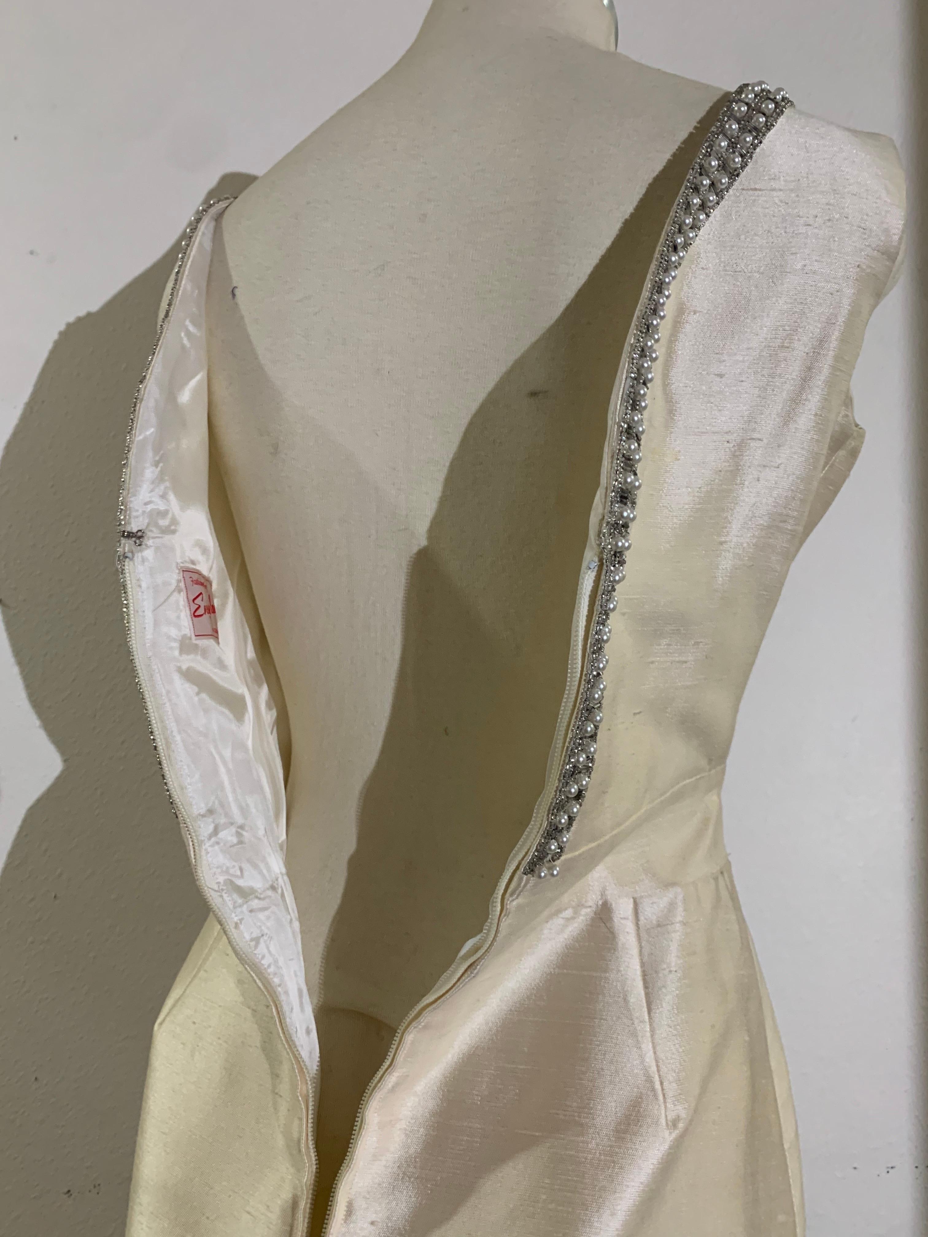 1960s Ivory Shantung Silk Mini Dress w Rhinestone Décolletage and A-Line Skirt For Sale 5