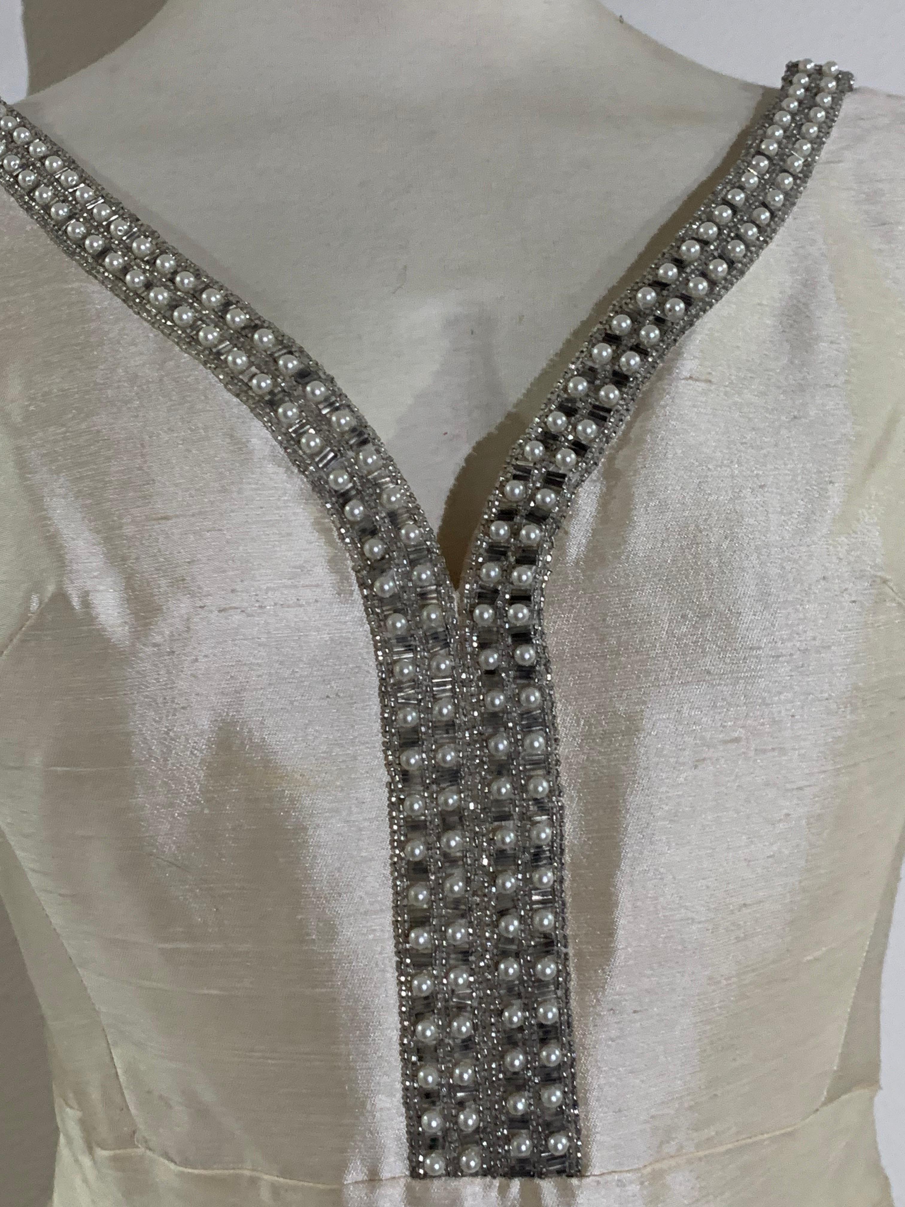 Gray 1960s Ivory Shantung Silk Mini Dress w Rhinestone Décolletage and A-Line Skirt For Sale