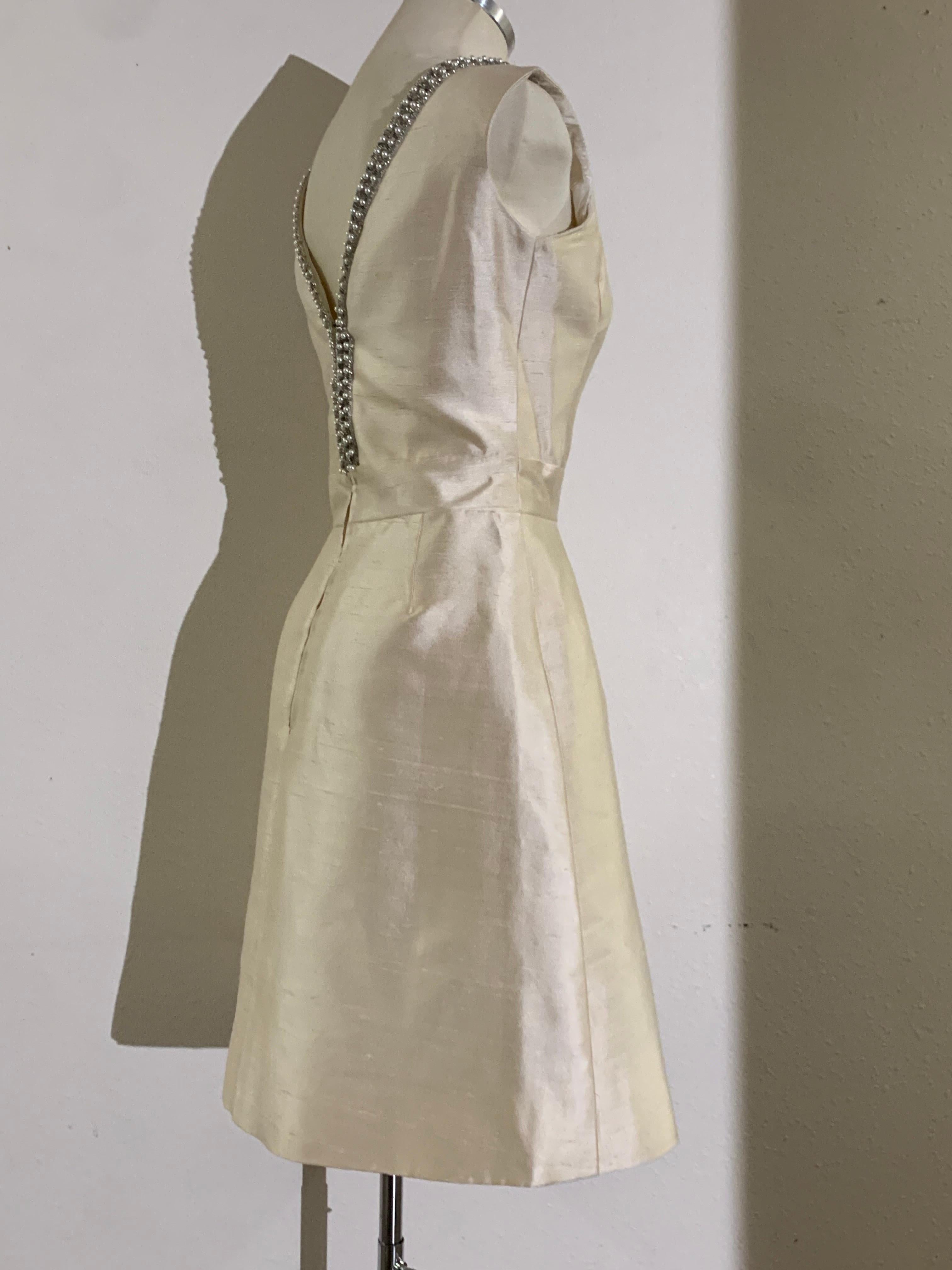 Women's 1960s Ivory Shantung Silk Mini Dress w Rhinestone Décolletage and A-Line Skirt For Sale