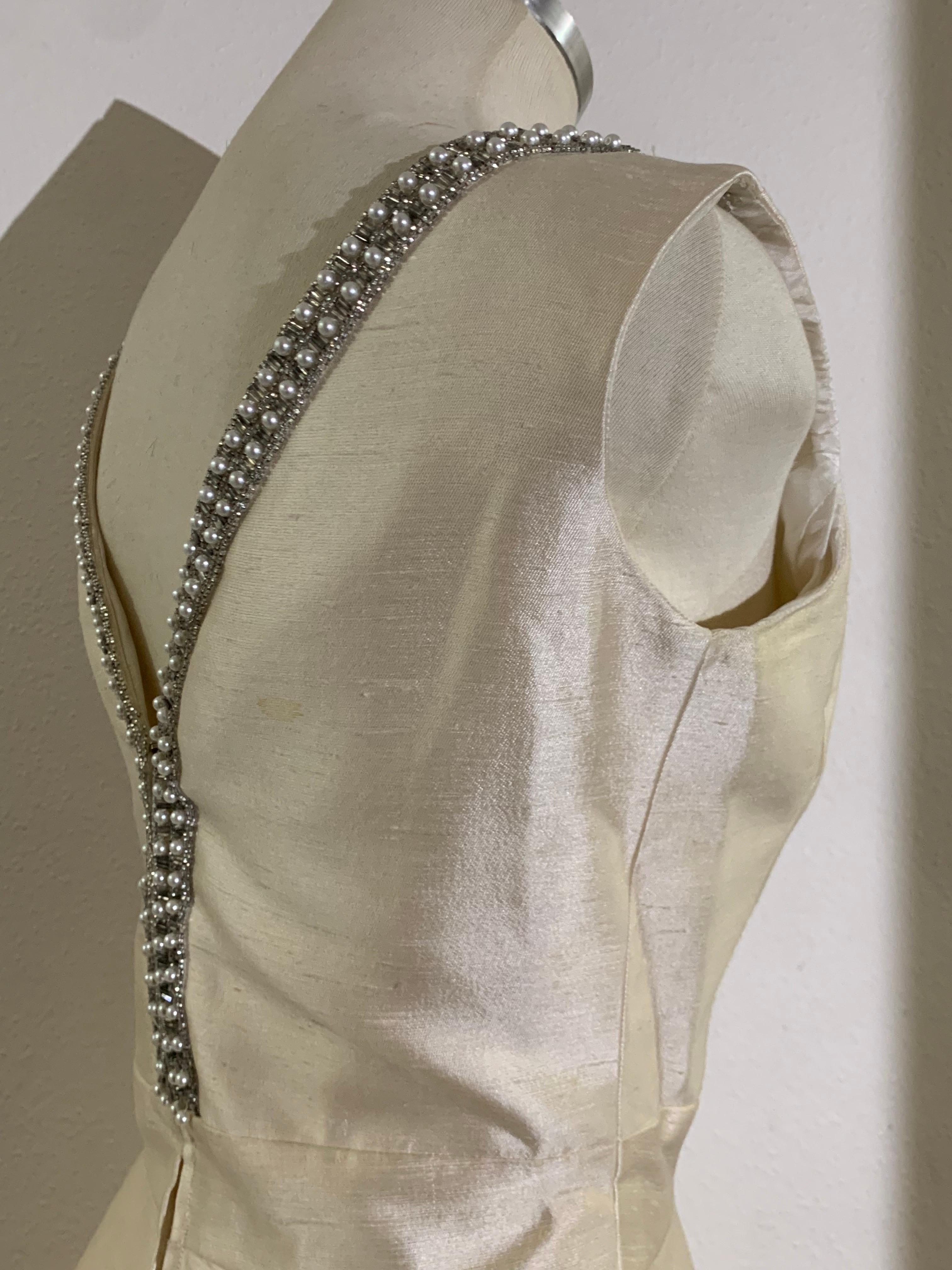 1960s Ivory Shantung Silk Mini Dress w Rhinestone Décolletage and A-Line Skirt For Sale 1