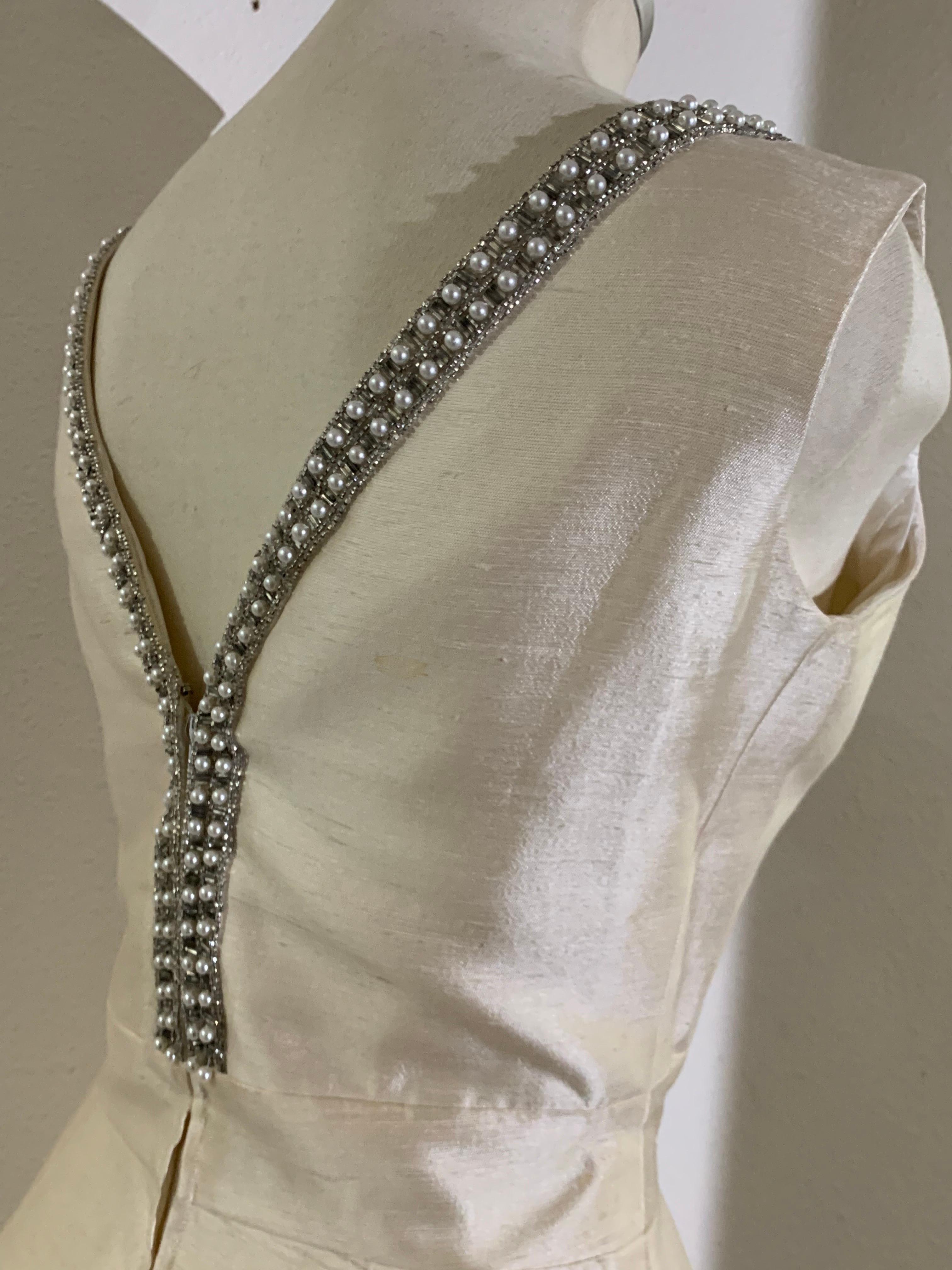 1960s Ivory Shantung Silk Mini Dress w Rhinestone Décolletage and A-Line Skirt For Sale 2
