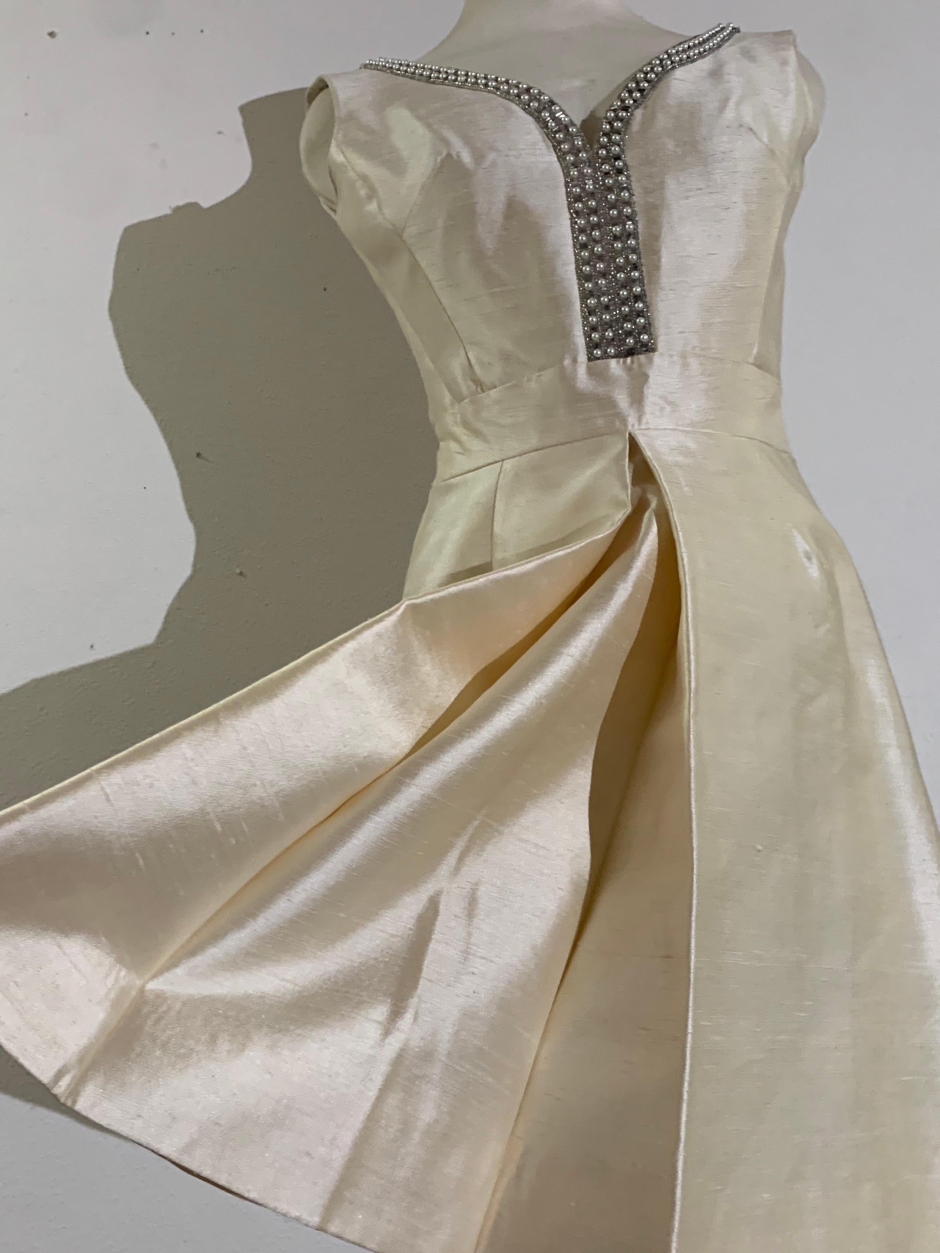 1960s Ivory Shantung Silk Mini Dress w Rhinestone Décolletage and A-Line Skirt For Sale 3