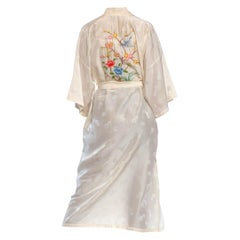 1960S Ivory Silk Jacquard KimonoRobe Hand Embroidered With Flowers