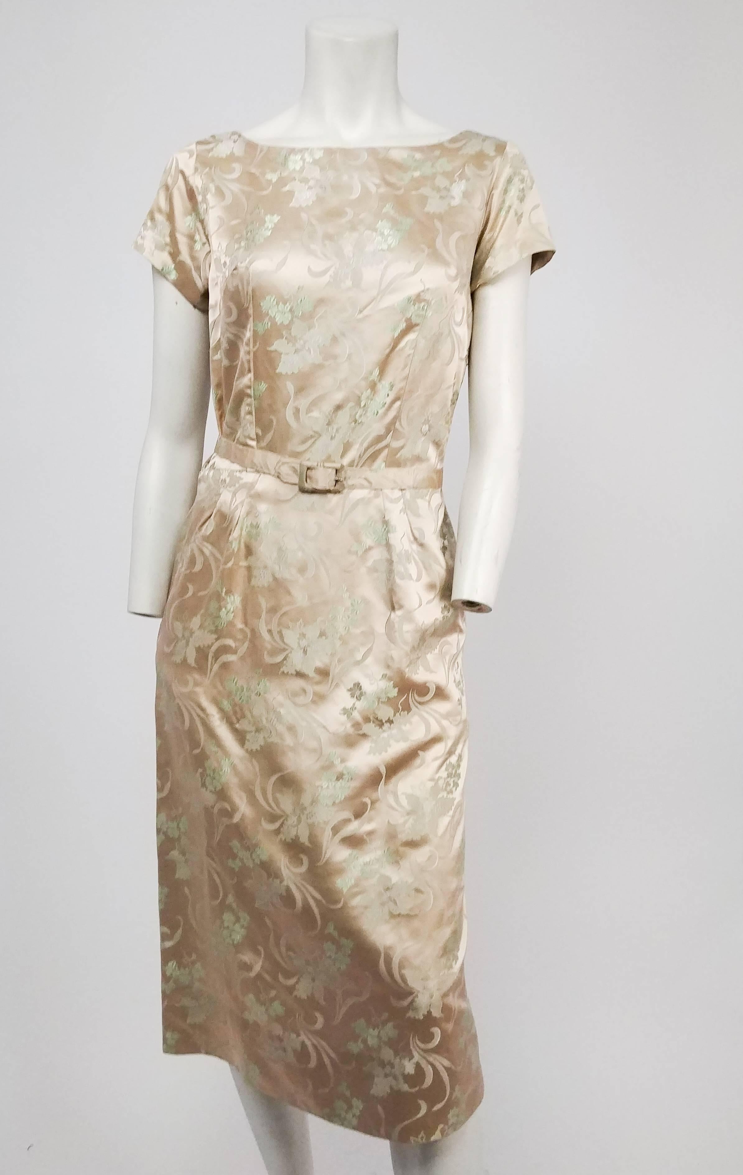 1960s Ivory Silk Jacquard Sheath Dress & Jacket Set. Silk satin dress, cropped jacket, and matching belt with floral design. 