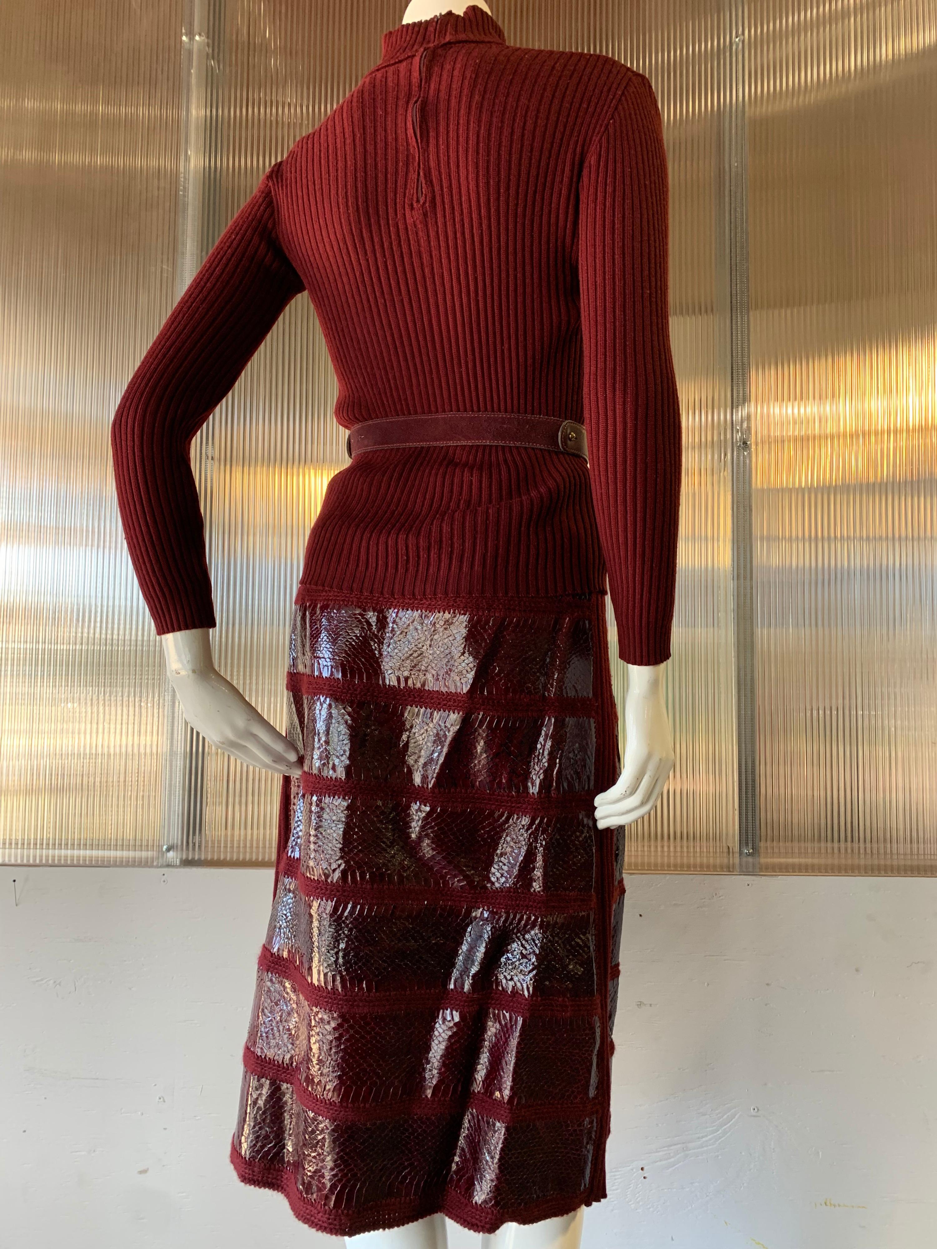 Black 1960s J. Tiktinr 2-Piece Knit Turtleneck Sweater & Snakeskin Skirt In Cranberry  For Sale